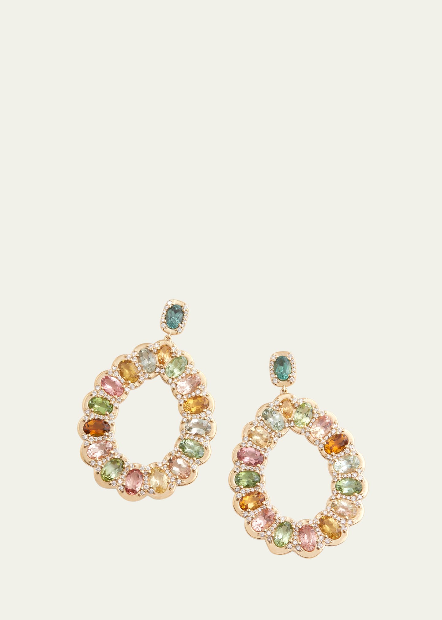 18K Yellow Gold Diamond Pear Shape Earrings with Multicolor Tourmalines