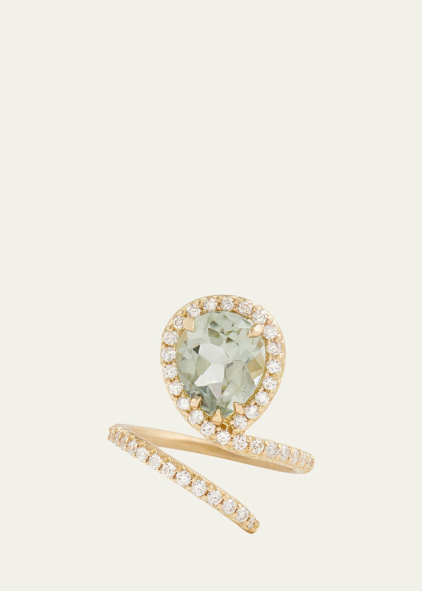 18K Yellow Gold Script Vertical Pear Shape Ring with Light Green Tourmaline and Diamonds