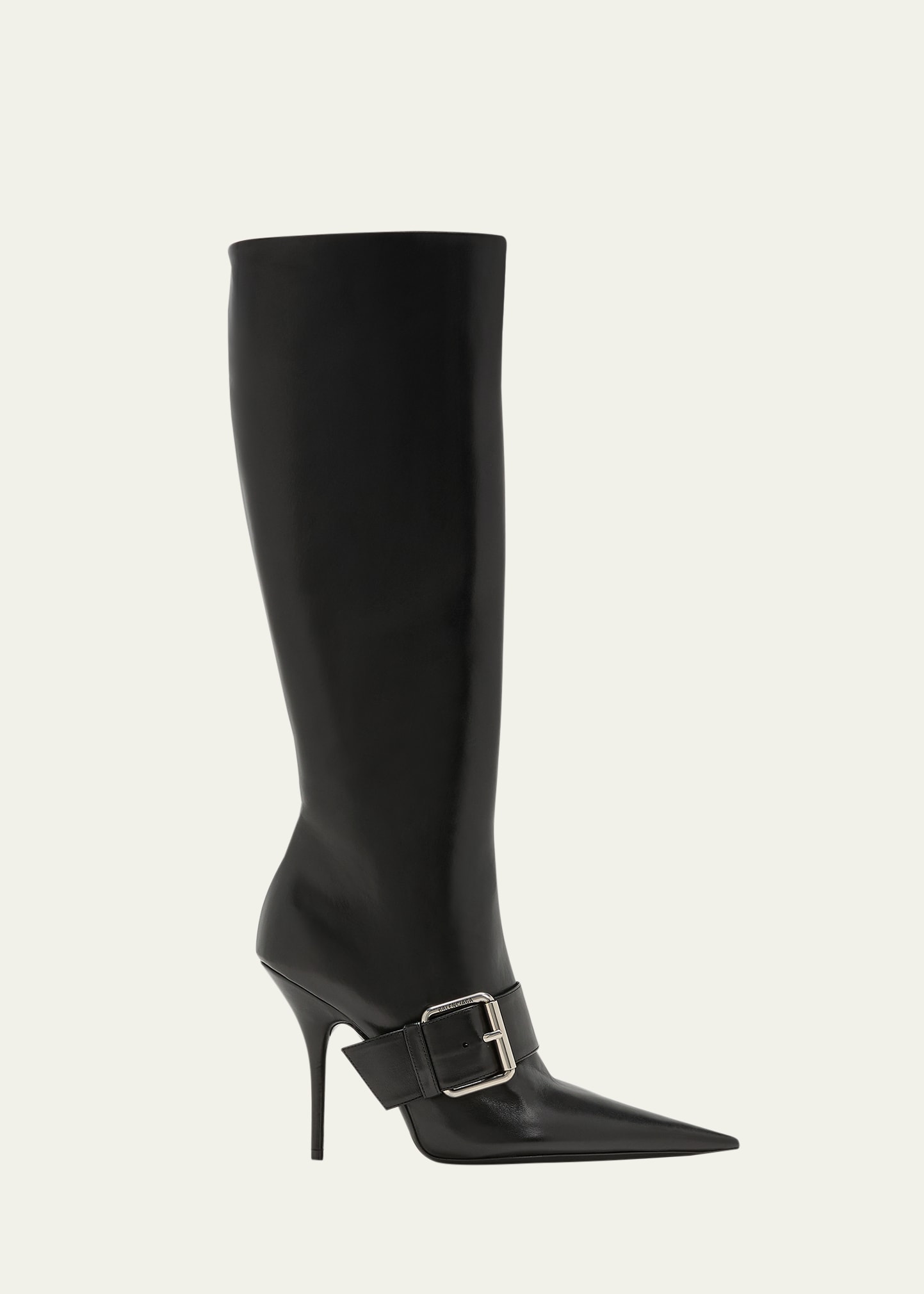 Shop Balenciaga Leather Buckle Stiletto Knee Boots In Black Silver