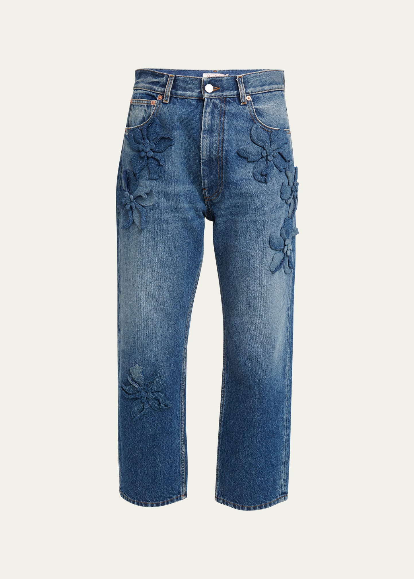Shop Valentino Cropped Wide-leg Jeans With Flower Detail In Blue Multi