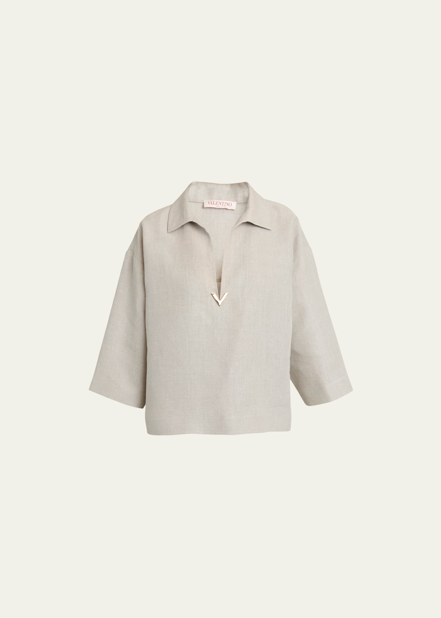 Valentino Linen Top With V Logo Detail In Beige Multi