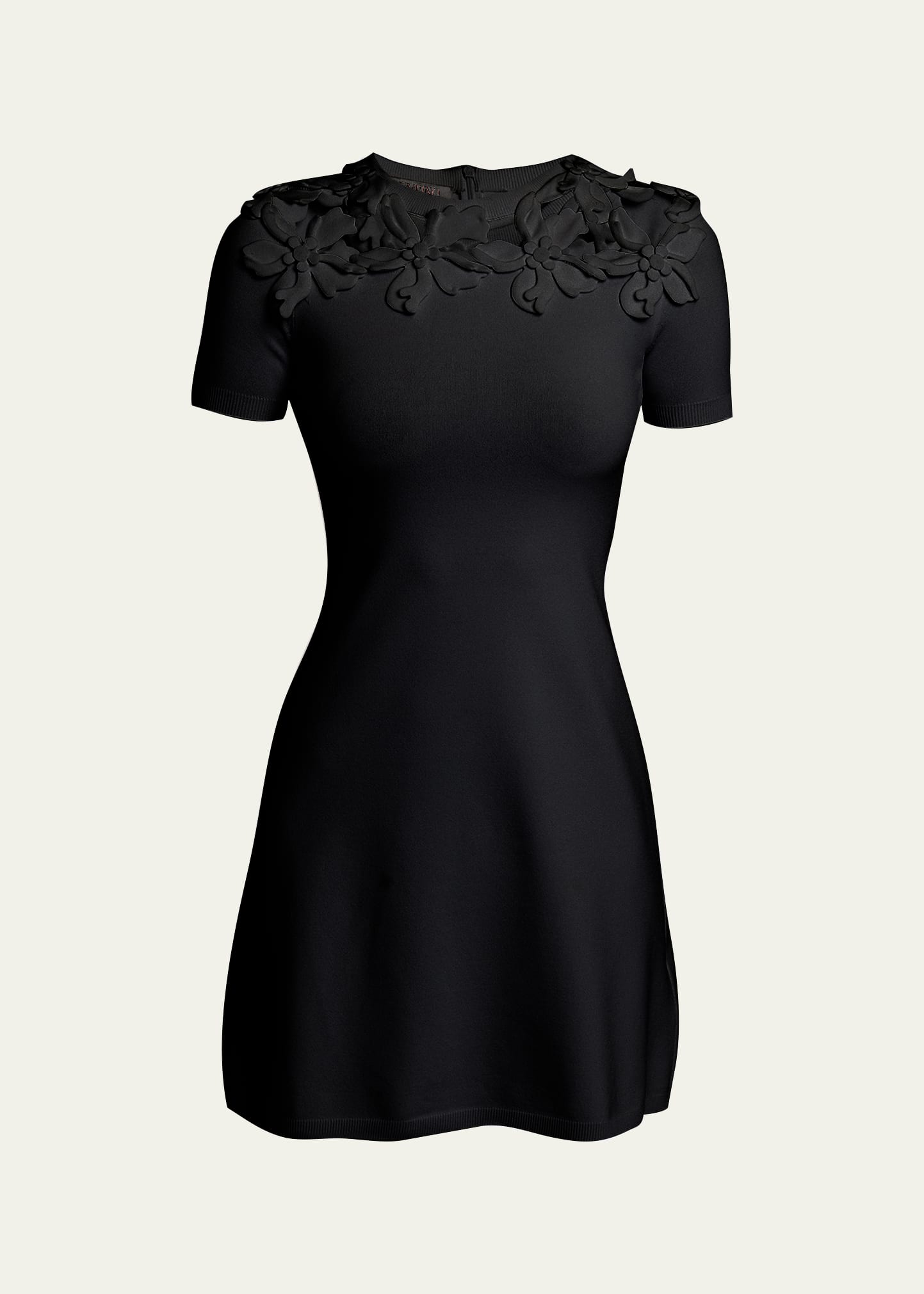 Shop Valentino Knit Mini Dress With Floral Embroidered Neckline In Black