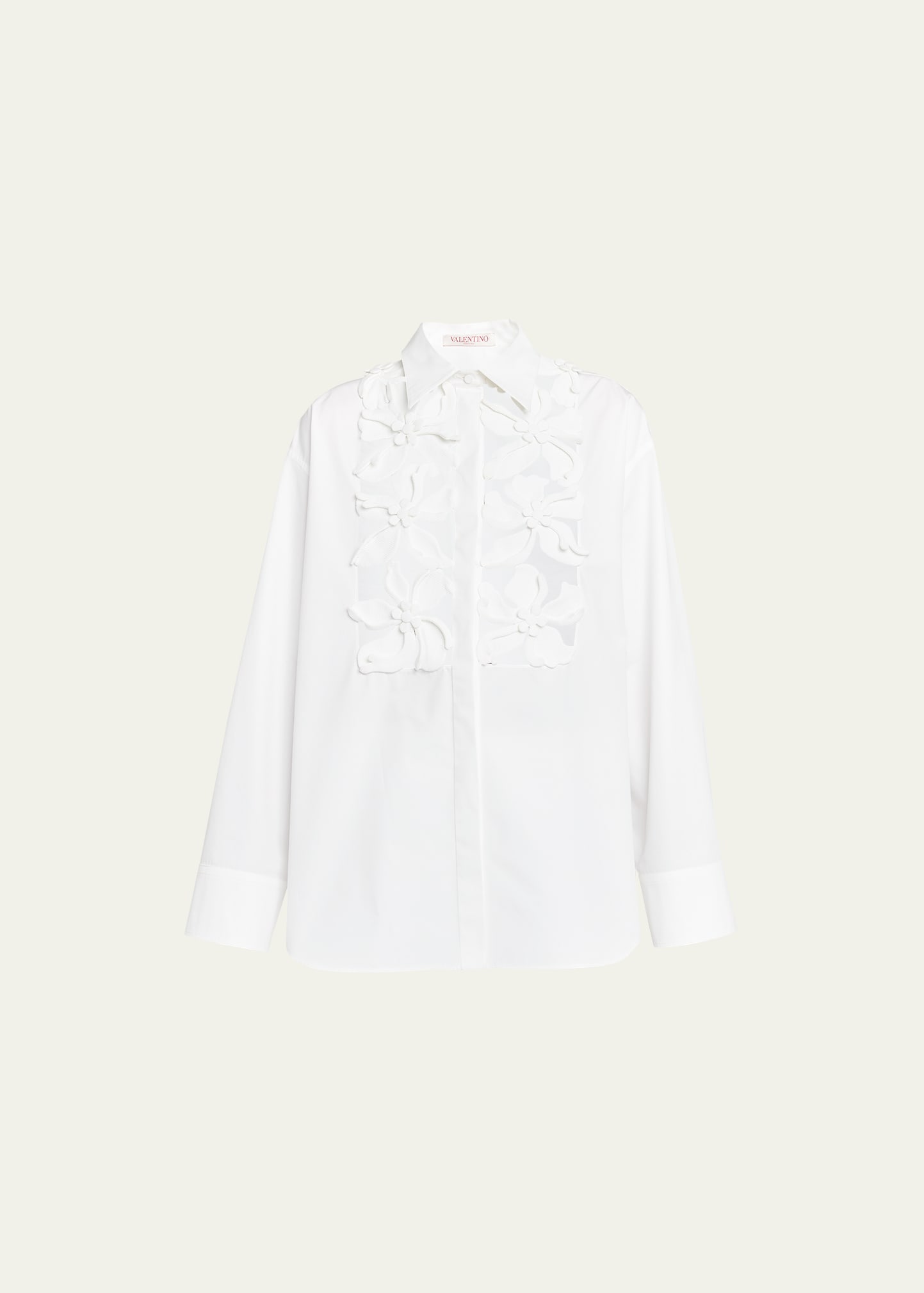 Poplin Floral Button-Front Shirt with Lasercut Bib