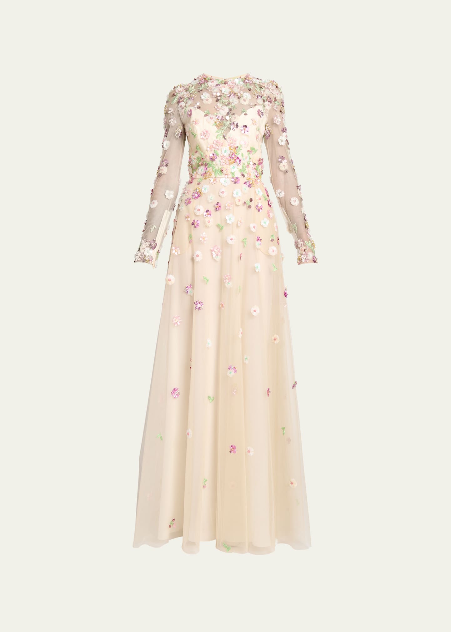 Elie Saab Long Floral Applique Tulle Dress In Neutral