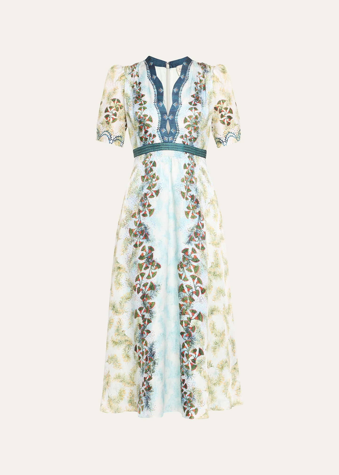 Shop Saloni Tabitha Printed Silk Puff-sleeve Midi Dress In 2118-feather Papy
