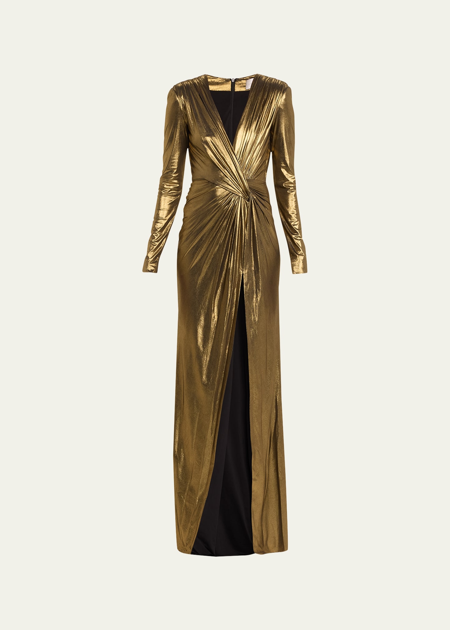 Shop Pamella Roland Metallic Draped Lame Gown With Slit In Gold
