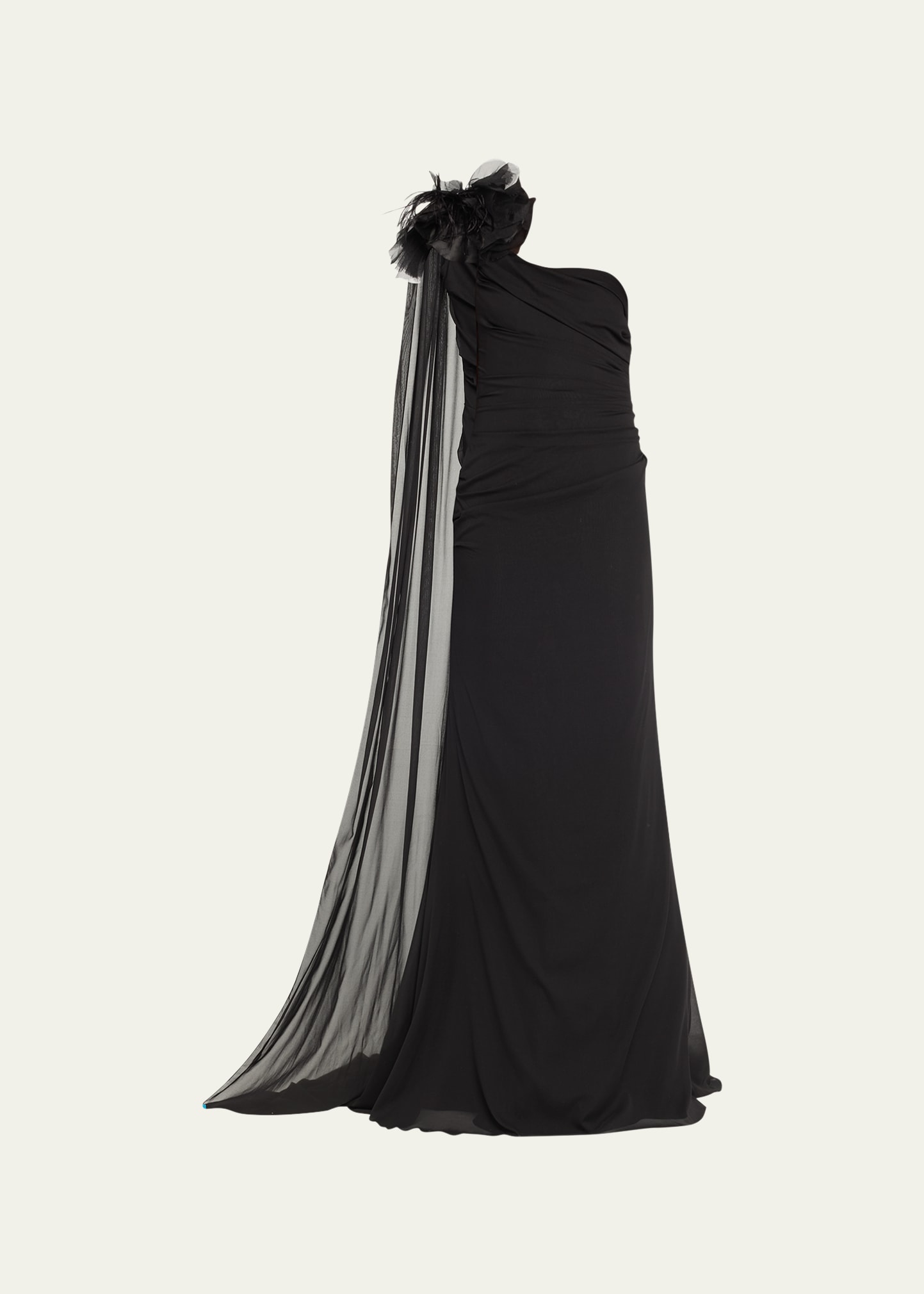 Shop Pamella Roland Chiffon Draped One-shoulder Gown With Floral Detail In Black