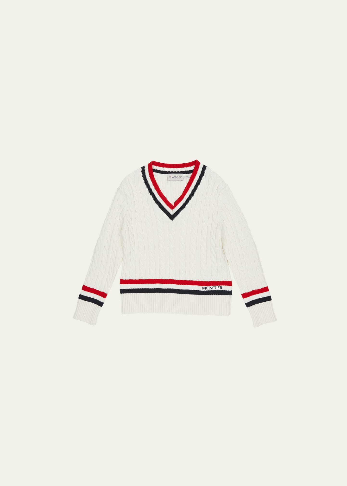 Shop Moncler Boy's Cable-knit Stripe Trim Sweater In 034 - White