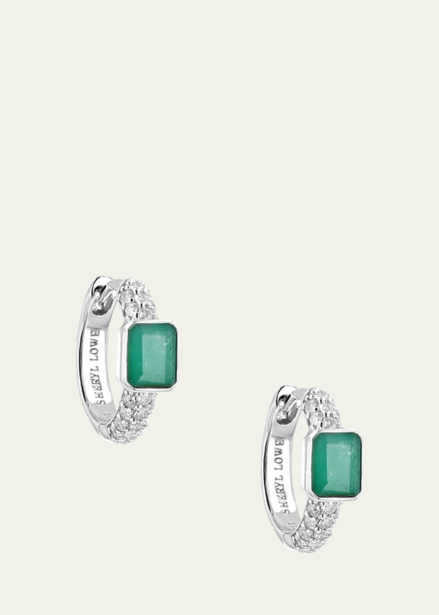 Sheryl Lowe 3 Row Diamond Huggie Earrings With Emeralds In Silver