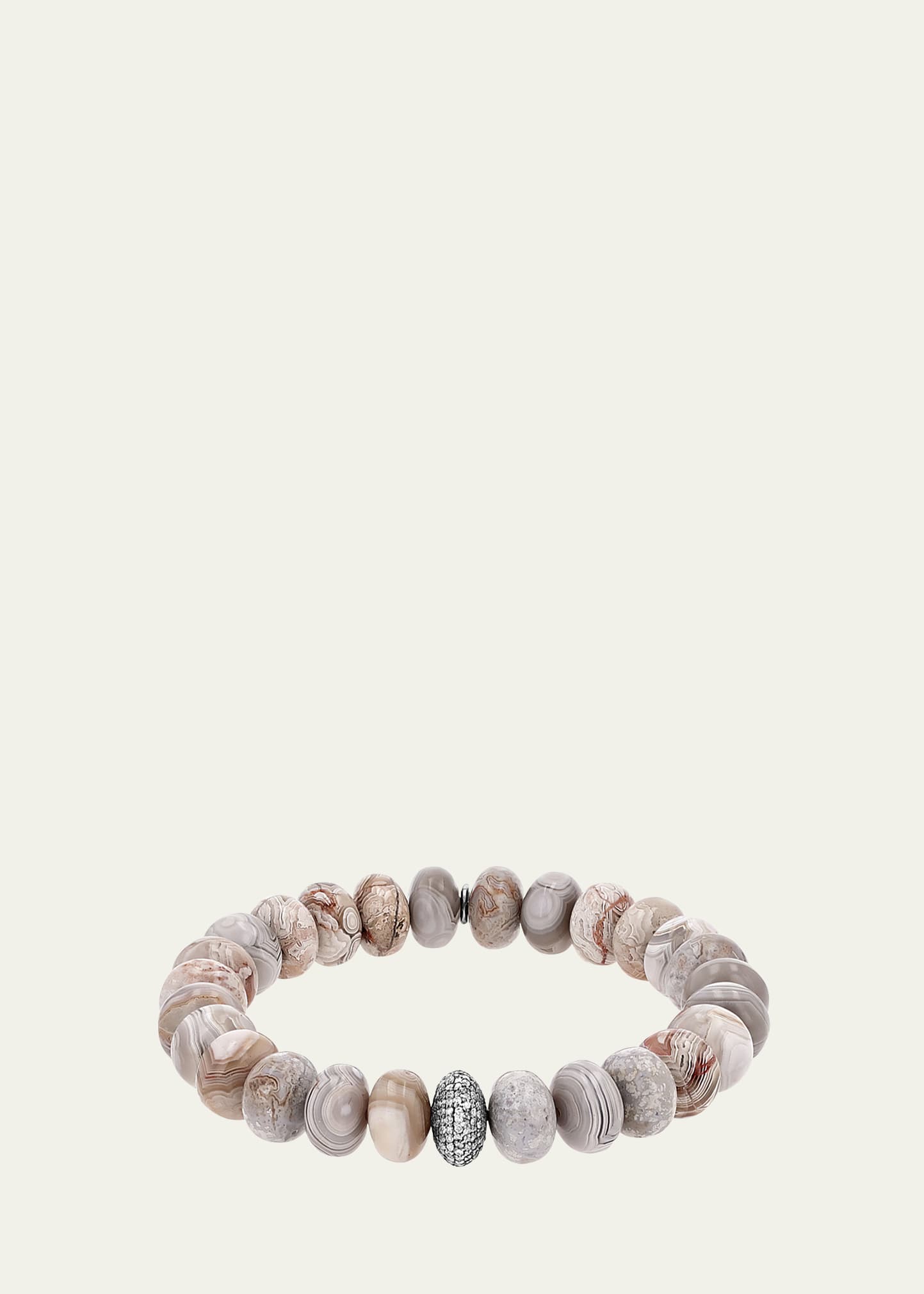 Sheryl Lowe Cream Agate 10mm Bead Bracelet With Pave Diamond Donut In Silver