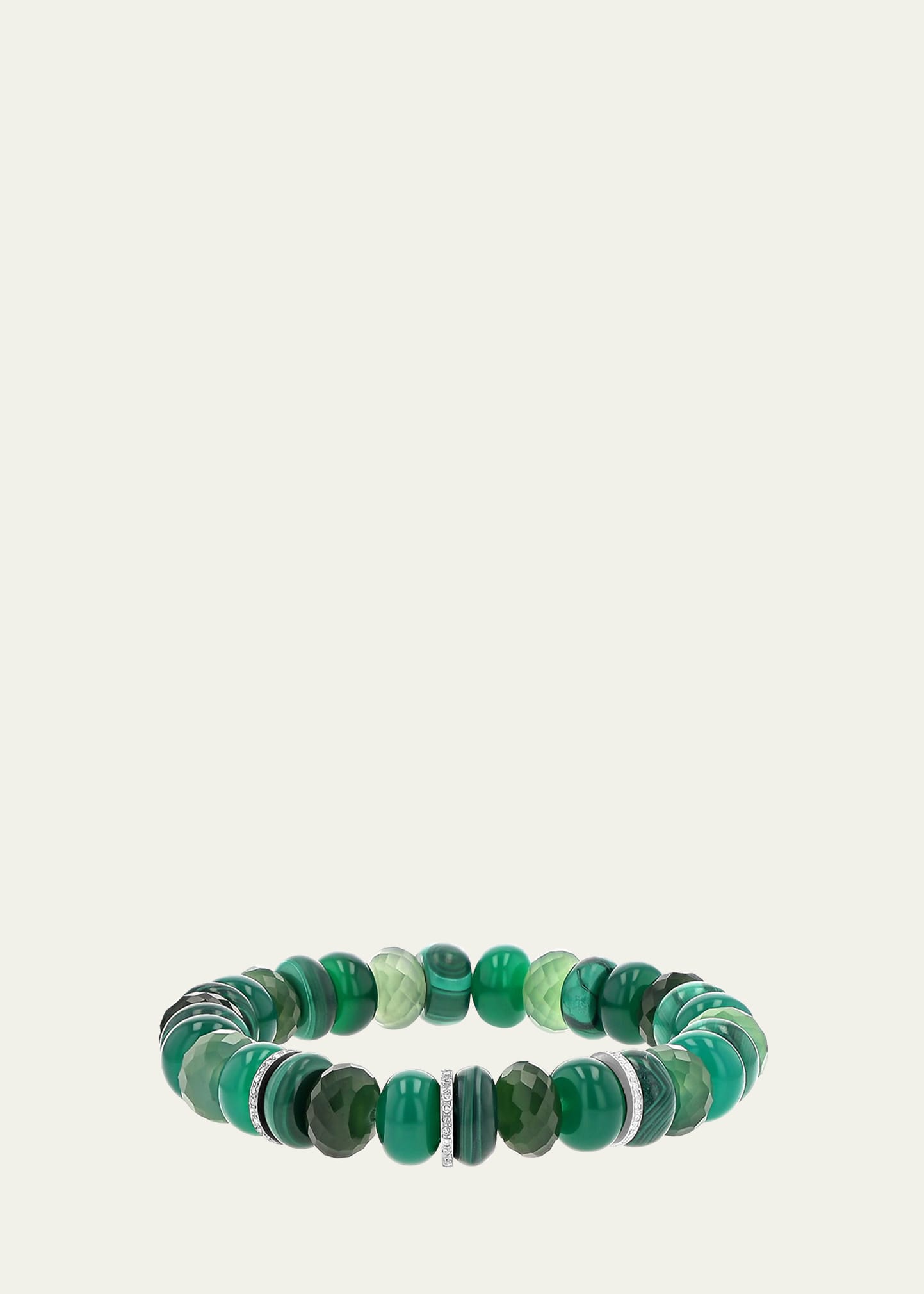 Green Mix 10mm Bead Bracelet with 3 Pave Diamond Rondelles