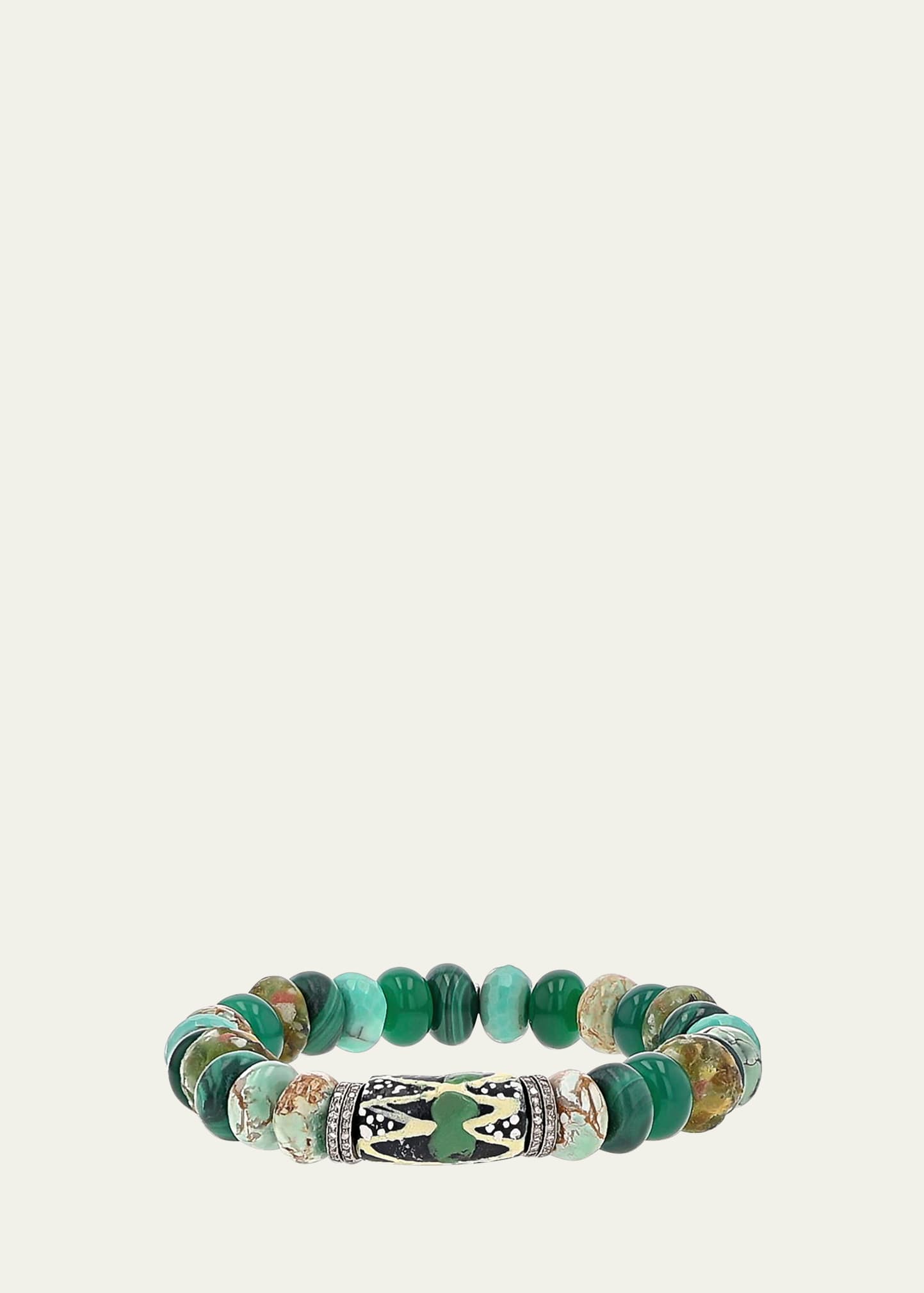SHERYL LOWE GREEN AFRICAN MIX 10MM BEAD BRACELET WITH PAVE DIAMOND RONDELLES