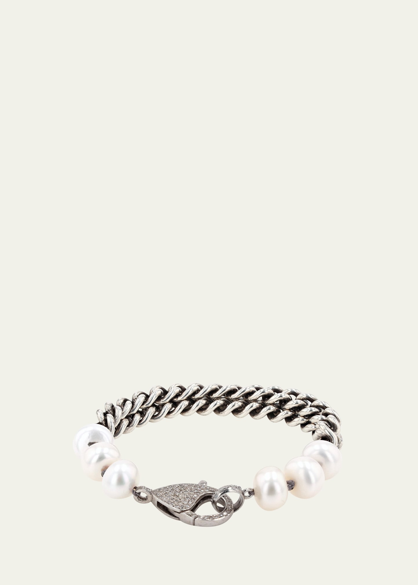 SHERYL LOWE PEARL AND DOUBLE CHAIN BRACELET WITH PAVE DIAMOND CLASP