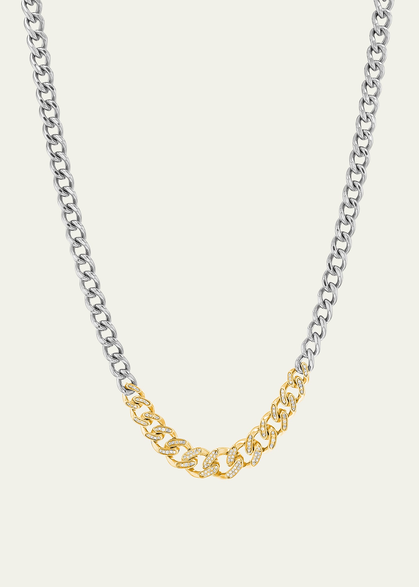 14K Pave Diamond and Sterling Silver Tapered Link Curb Chain Necklace