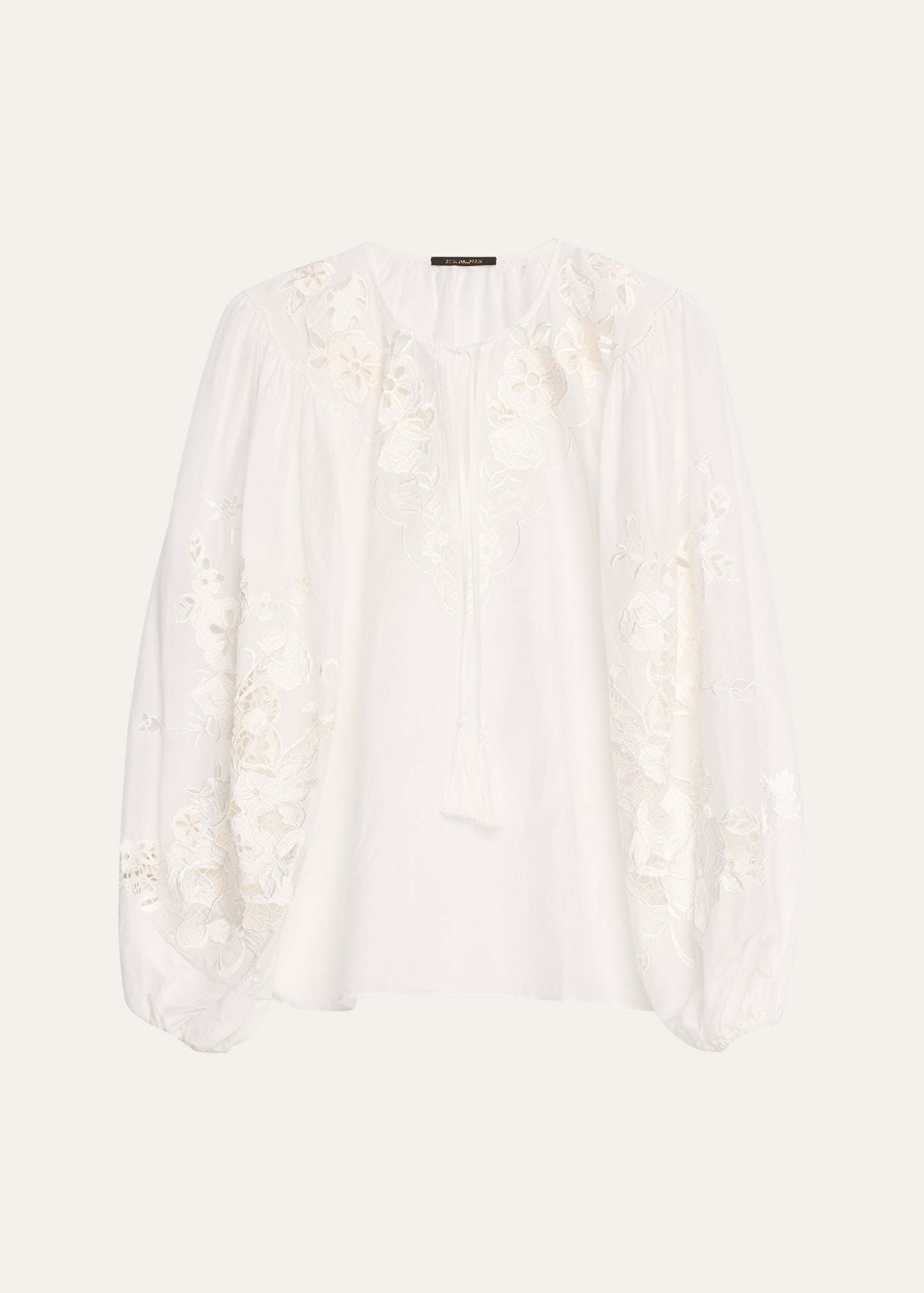 Gloria Floral-Embroidered Blouson-Sleeve Blouse