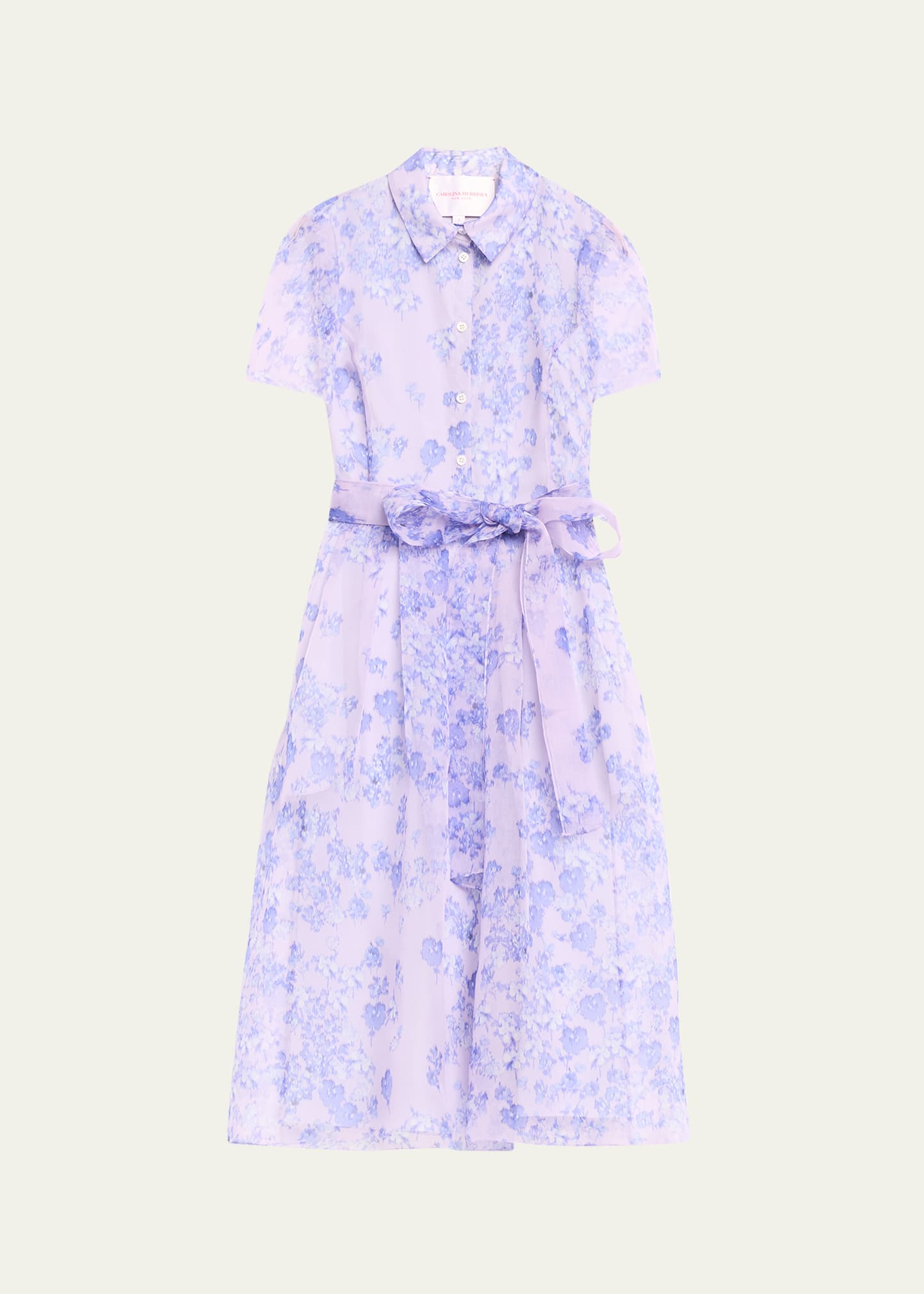 Carolina Herrera Floral-print Short-sleeve Belted Organza Midi Shirtdress In Lilac