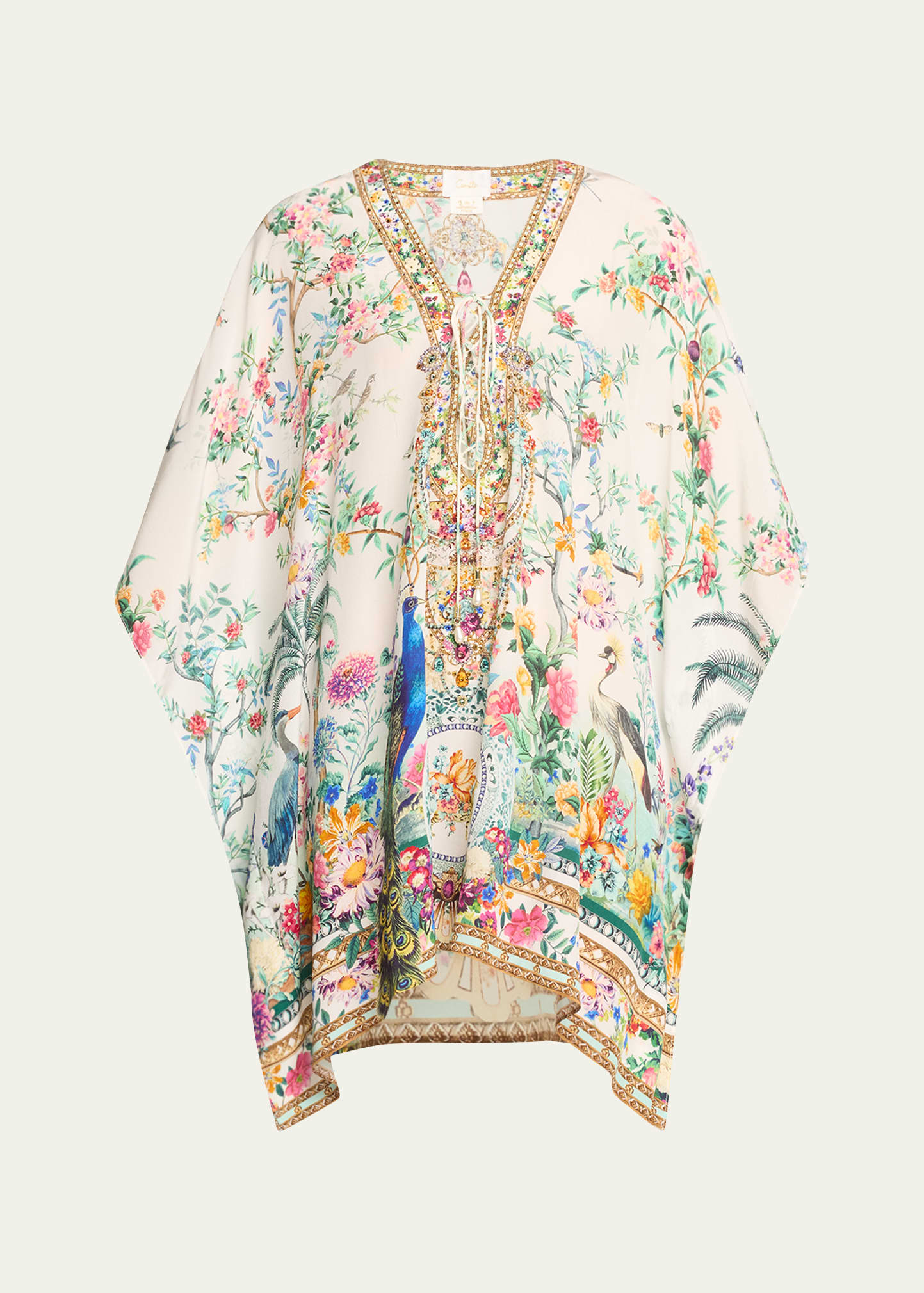 Camilla Plumes And Parterres Crystal Lace-up Mini Kaftan In Neutral