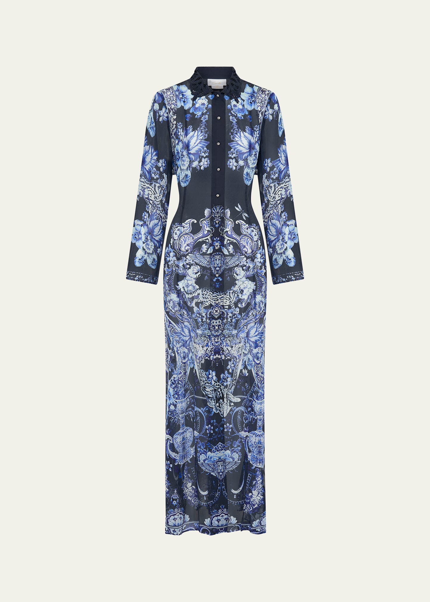 Delft Dynasty Chiffon Maxi Dress with Cutwork Lace Collar