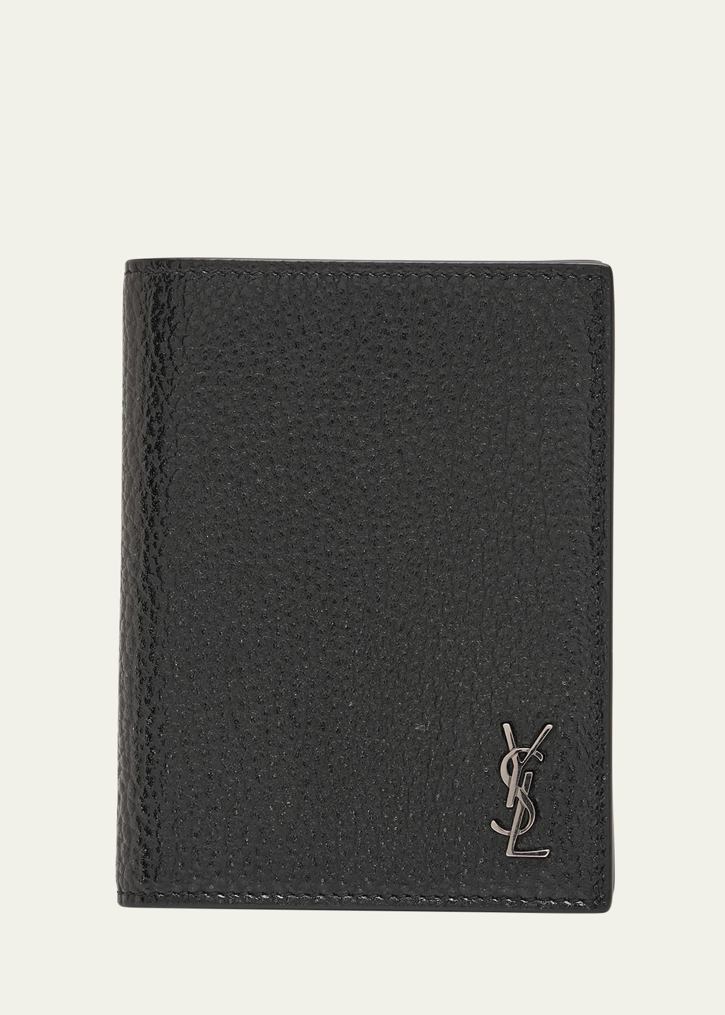 Saint Laurent Men's Ysl Pebbled Leather Vertical Bifold Card Case In Nero