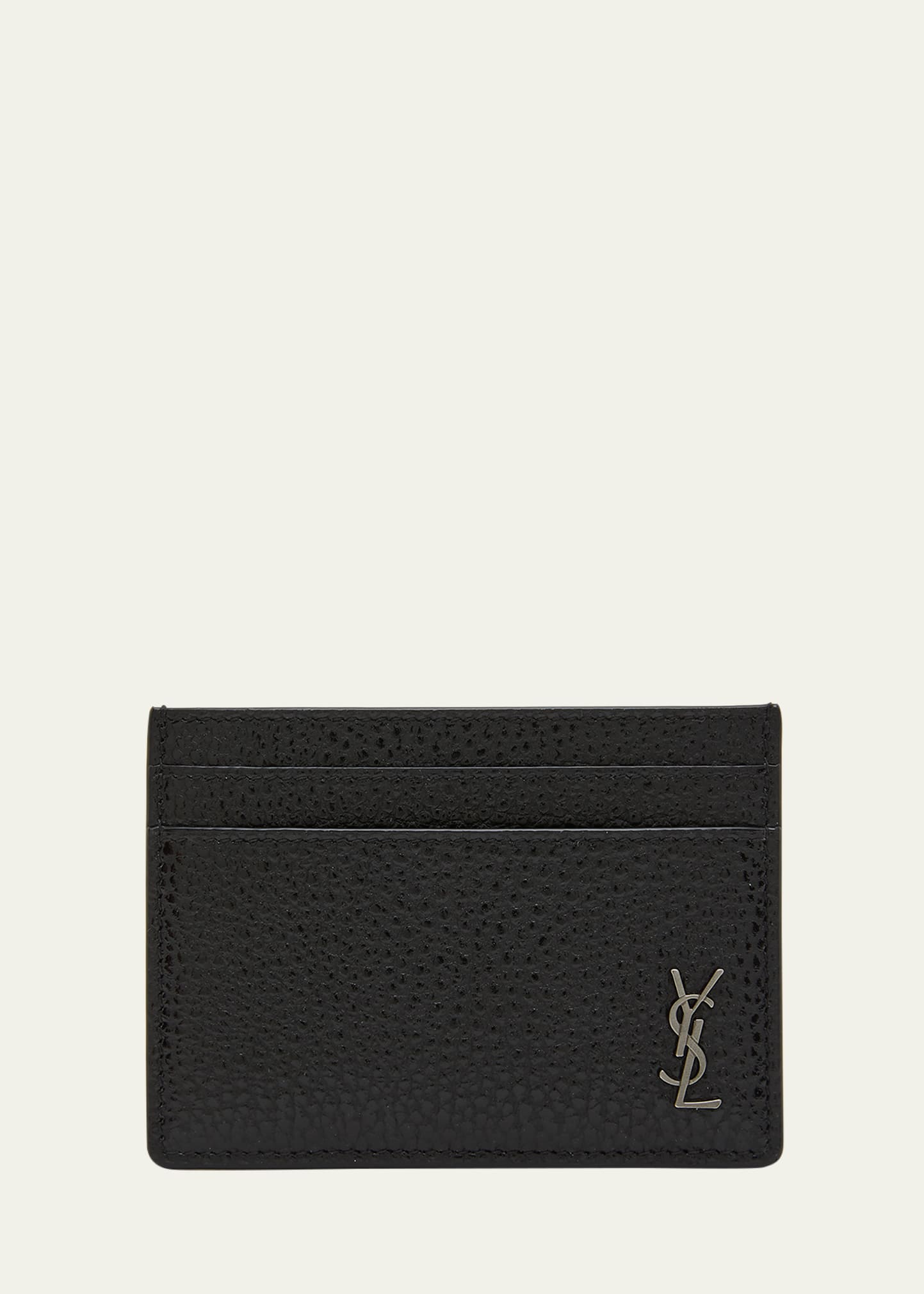 Shop Saint Laurent Men's Tiny Cassandre Pebbled Leather Card Case In Nero
