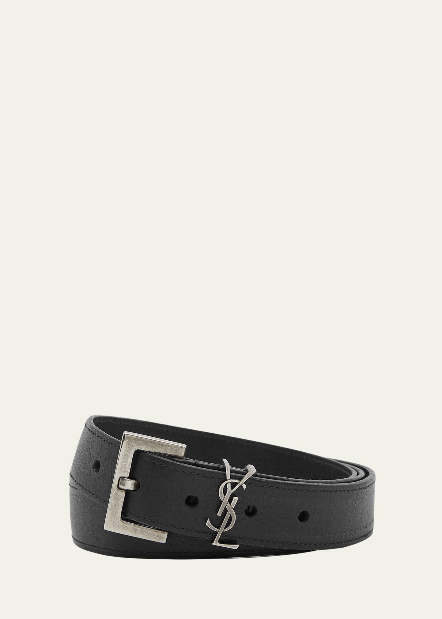 Saint Laurent Men's Cassandre Calfskin Square-buckle Belt In Nero