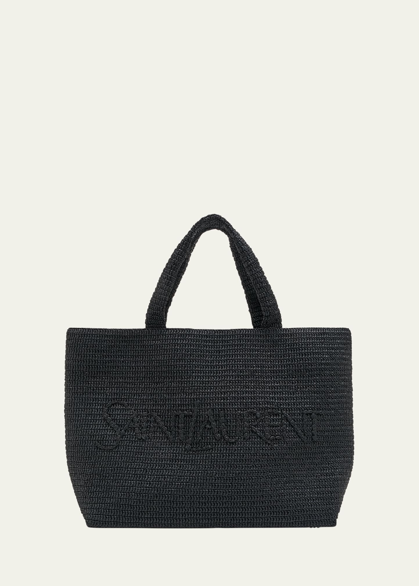 Shop Saint Laurent Men's Tonal Logo Raffia Tote Bag In Nero