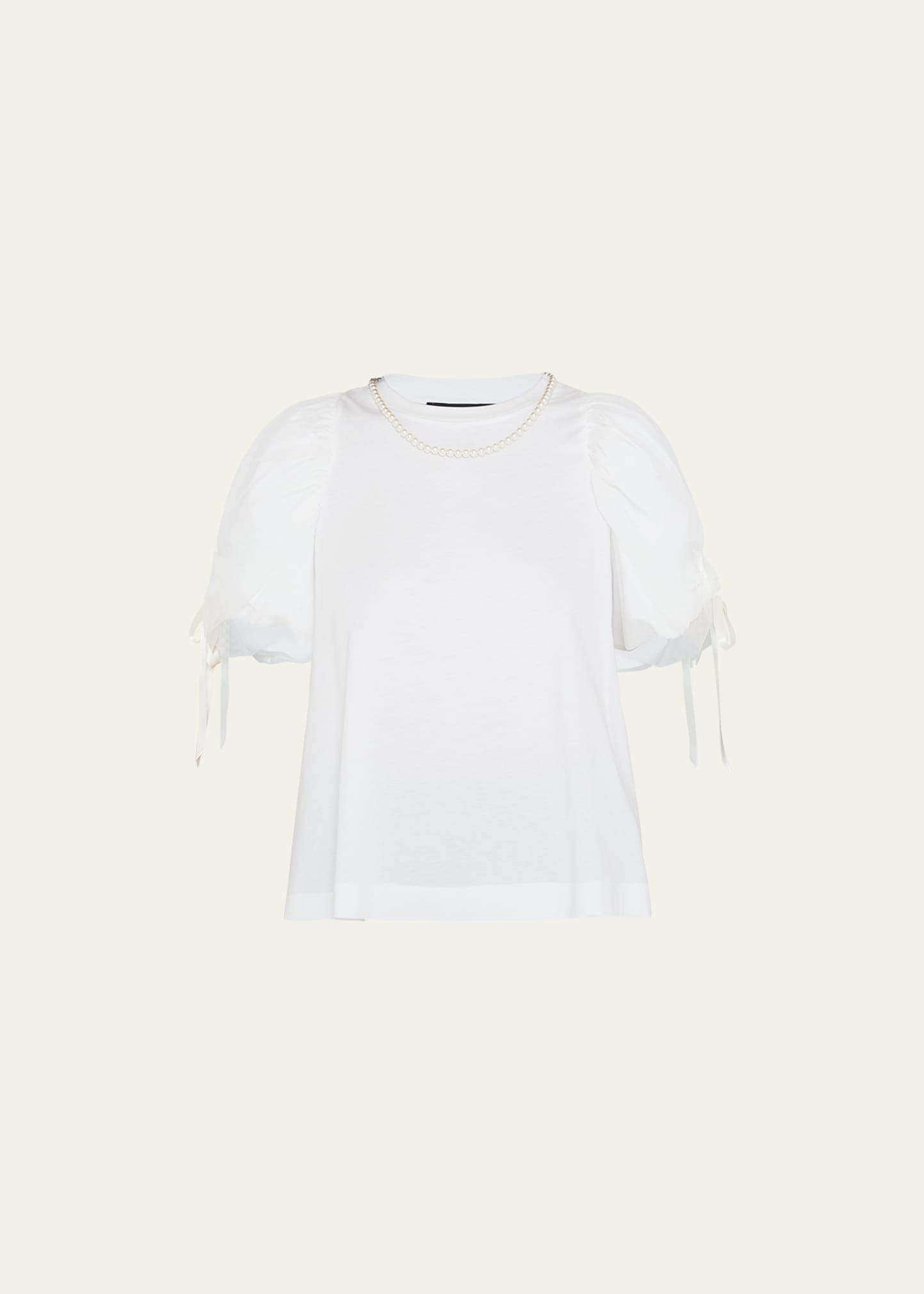 Shop Simone Rocha Beaded Tulle Puff-sleeve Cotton T-shirt In Whitepearl