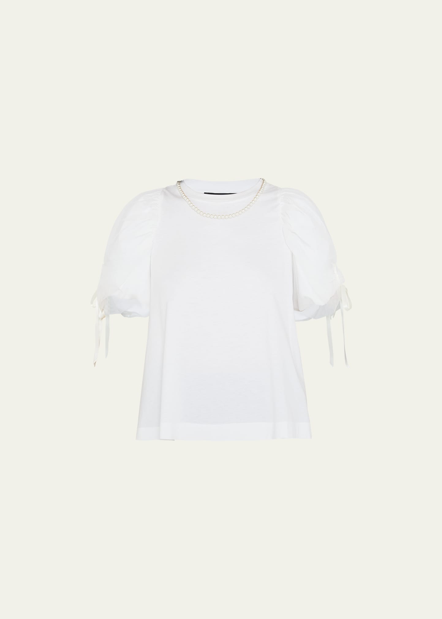 Simone Rocha Tulle Overlay Puff Sleeve T-shirt With Faux Pearl Trim In Whitepearl