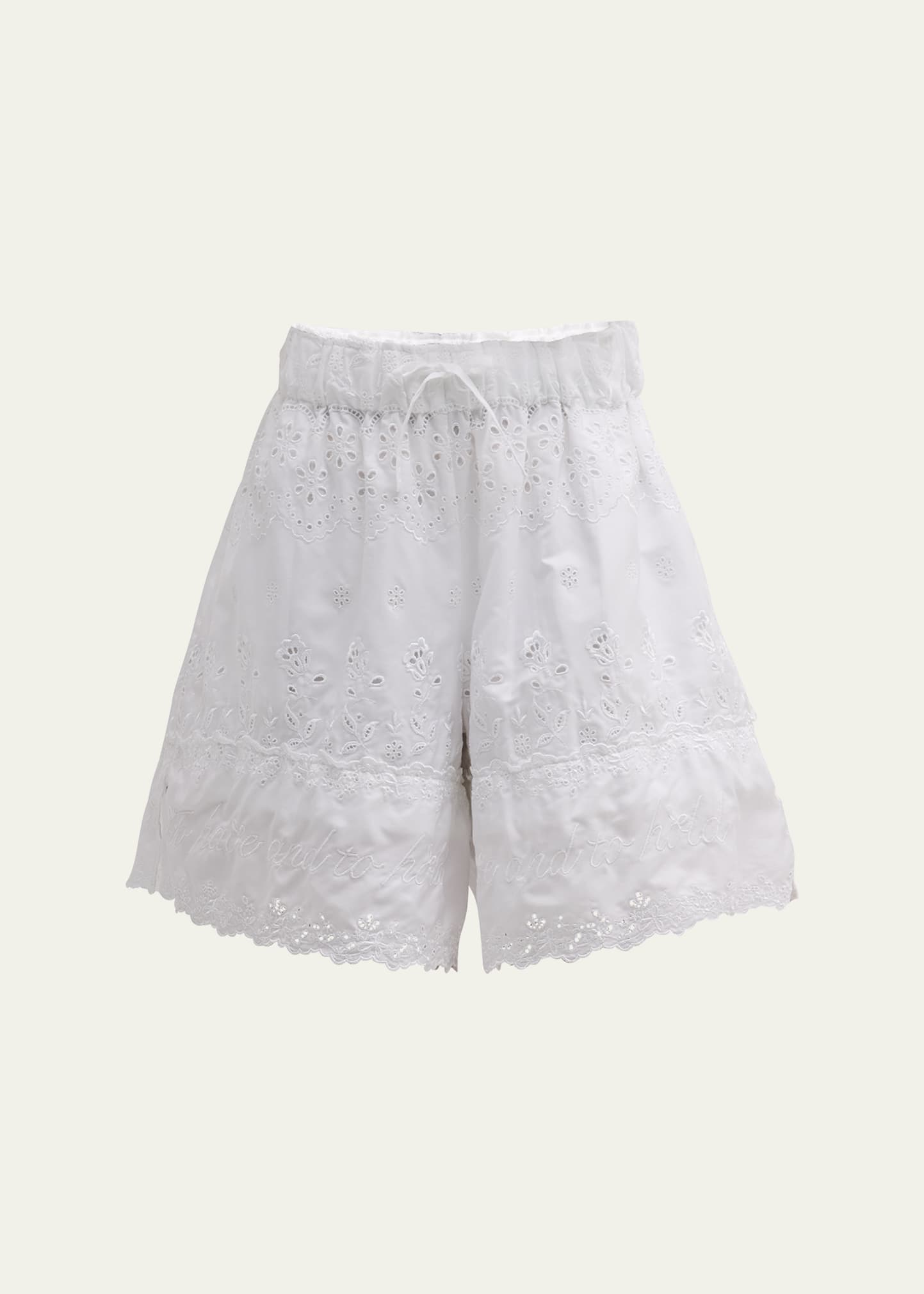 Simone Rocha Easy Drawstring Embroidered Shorts With Scallop Trim In Whitewhite