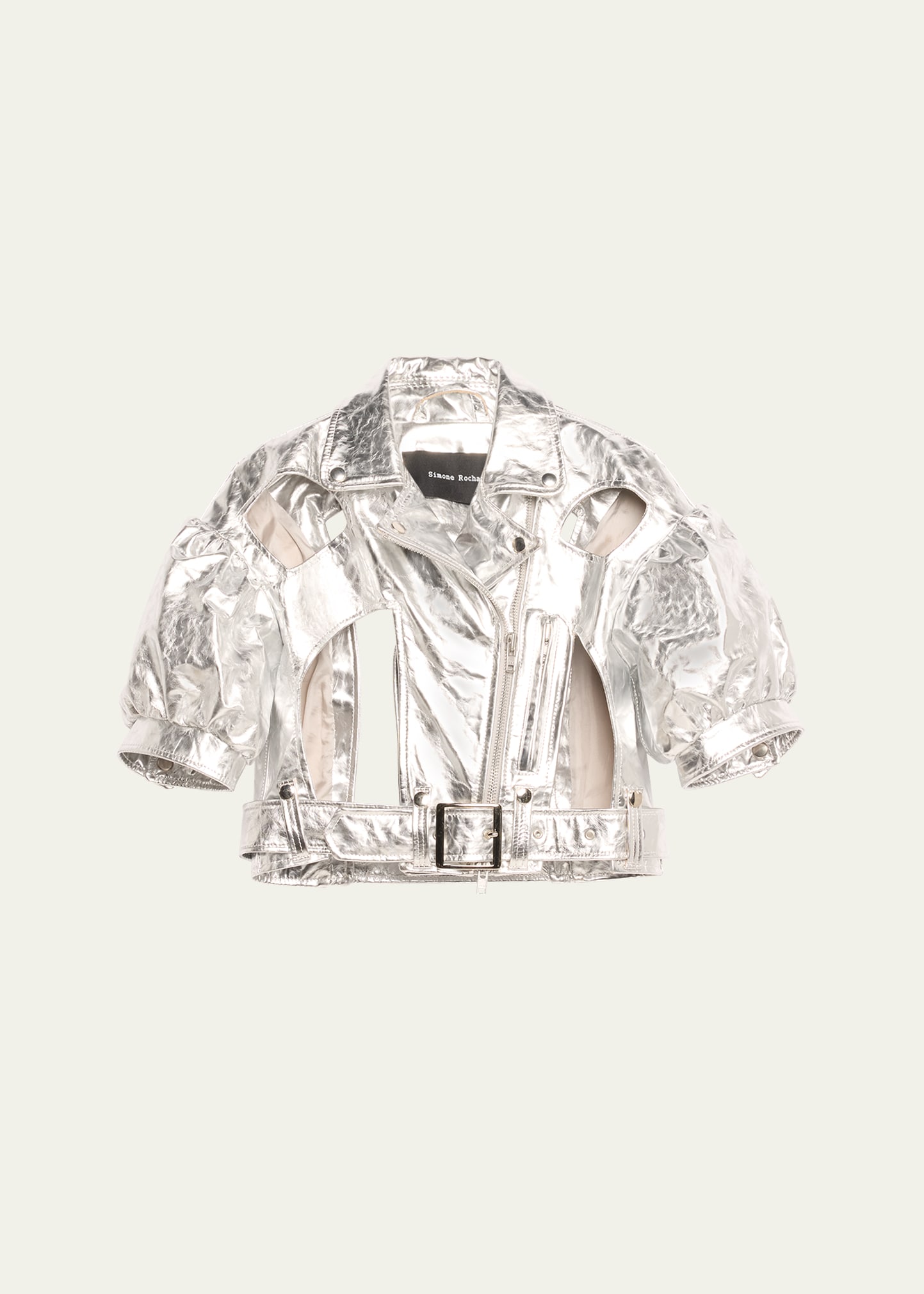 Simone Rocha Cropped Cutout Puff-sleeve Leather Jacket In Silver