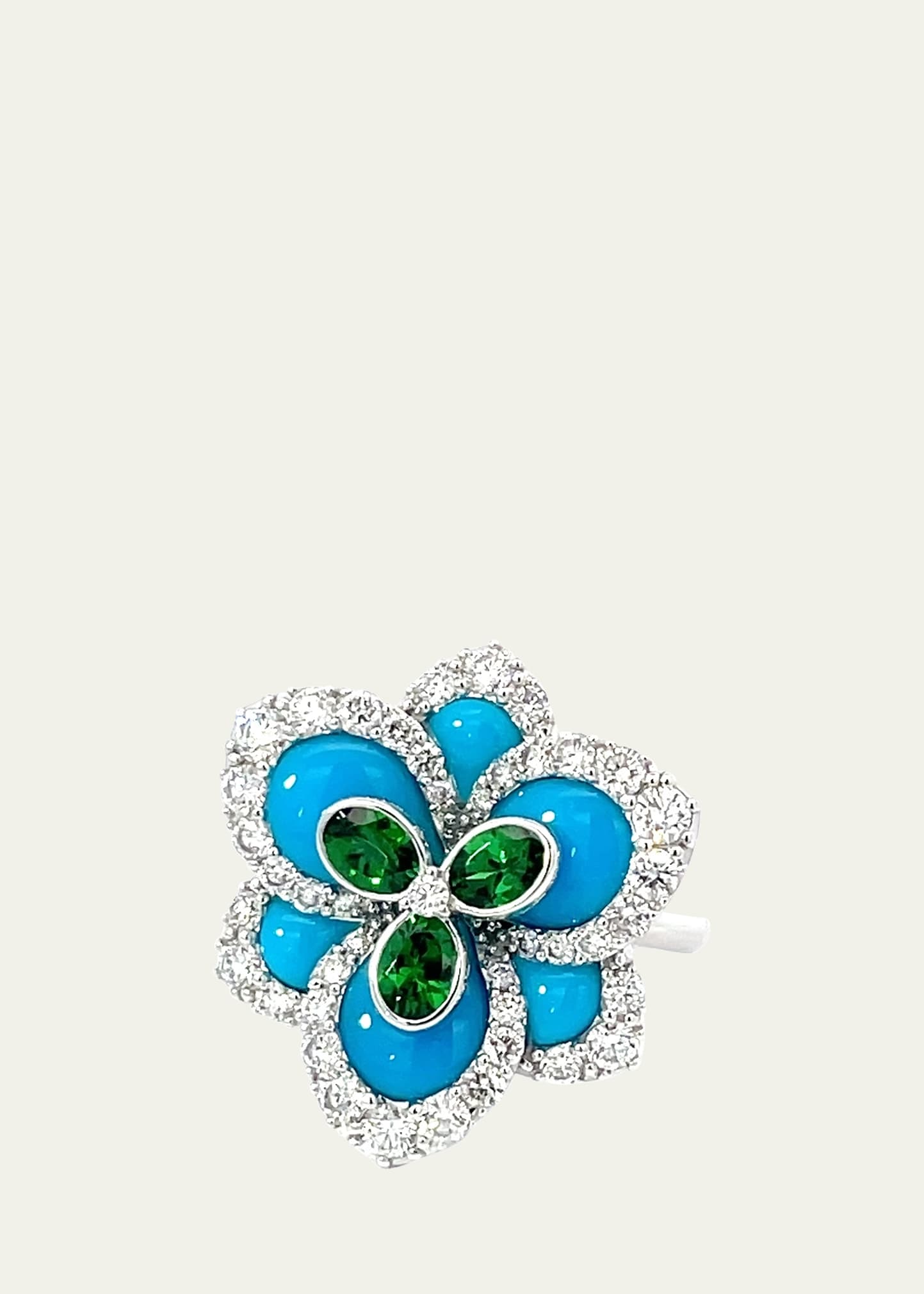 Stéfère 18k White Gold Diamond, Tsavorite, And Turquoise Flower Statement Ring