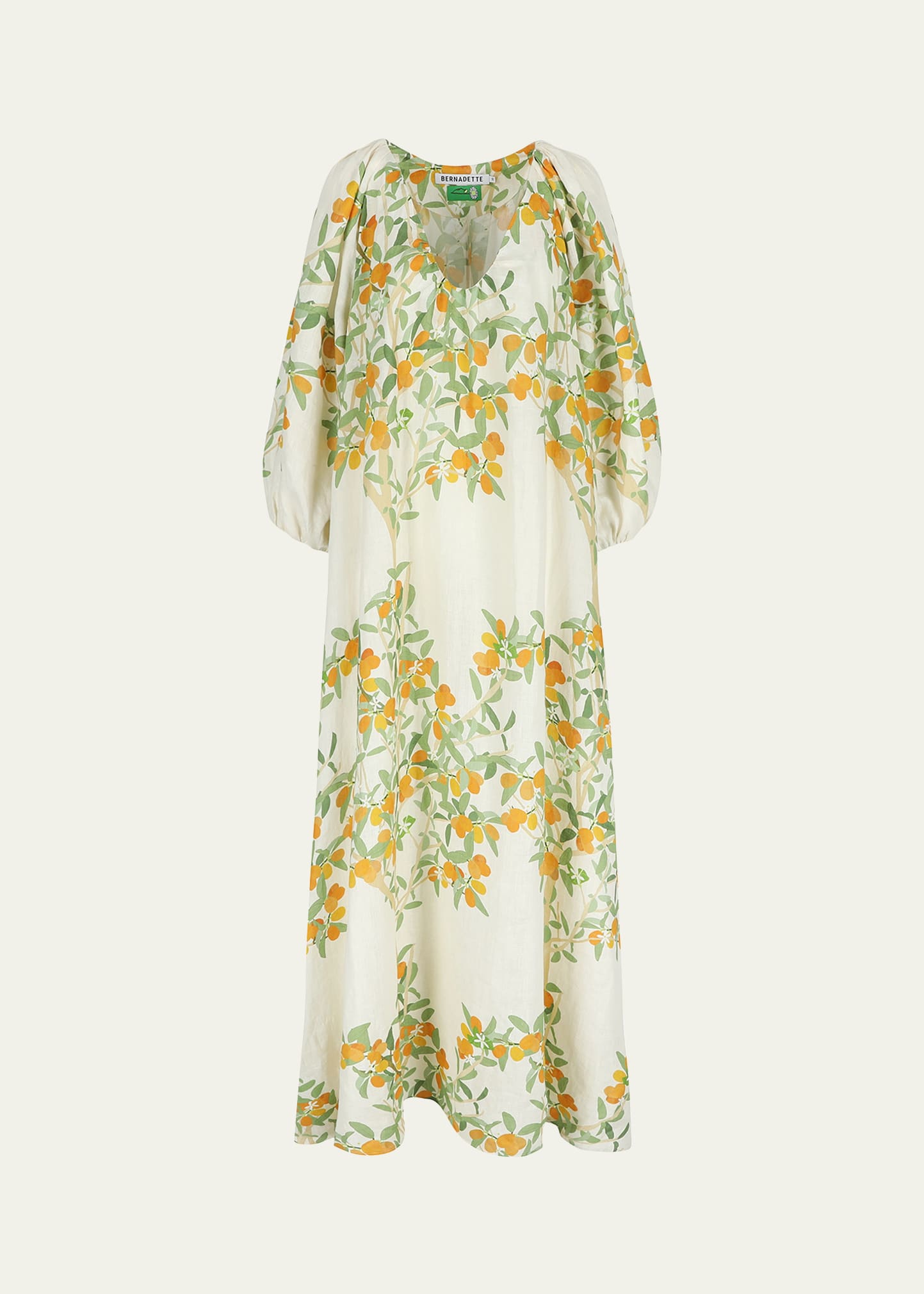 Shop Bernadette Floral Print Balloon-sleeve Maxi Linen Gown In Kumquat Ivory