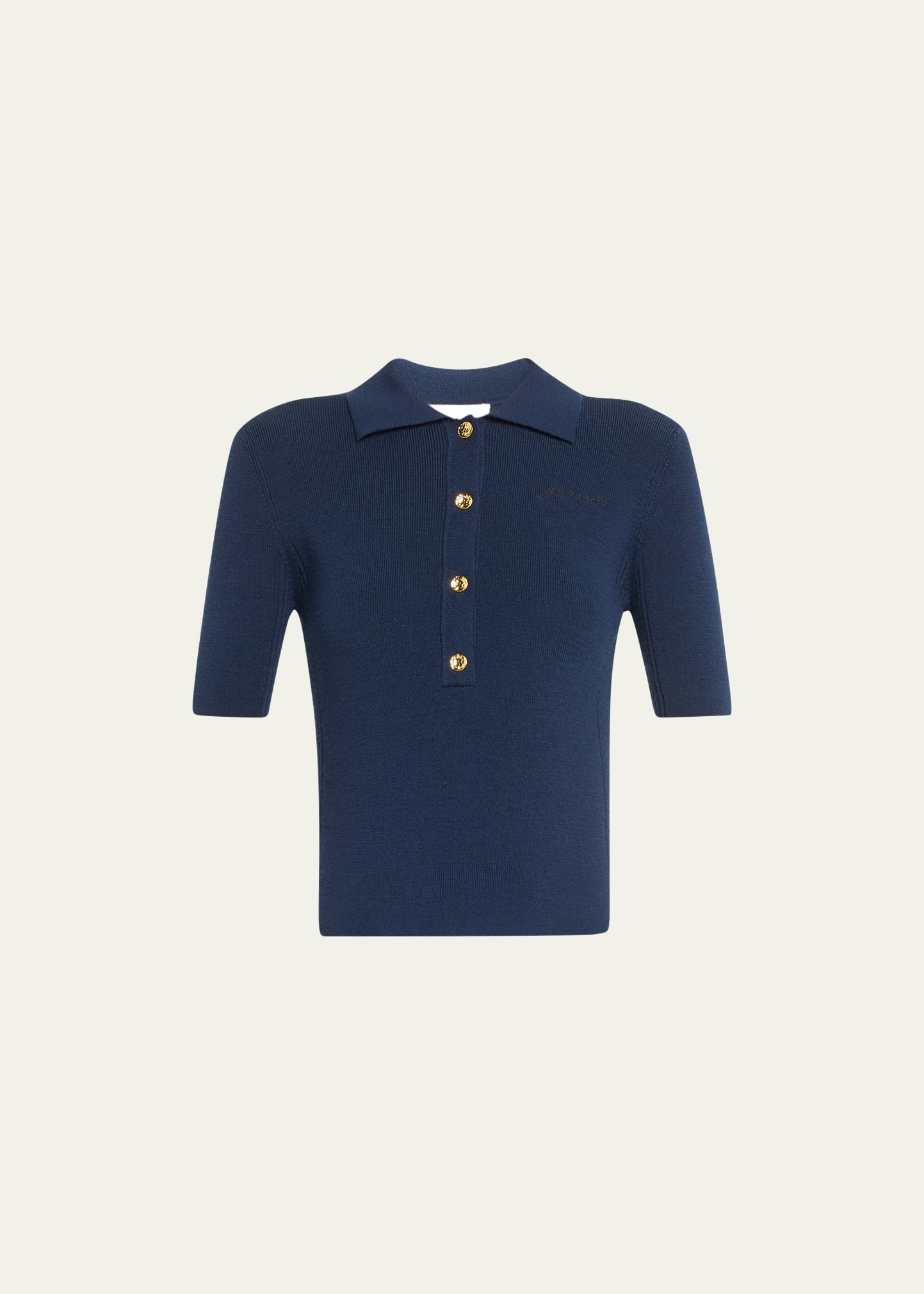 Shop Ganni Short-sleeve Ribbed Wool Polo Top In Sky Captain