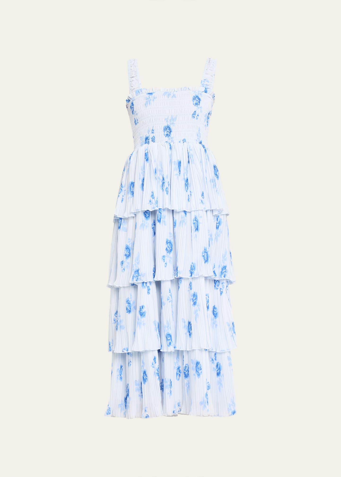 Ganni Ruffled Shirred Pleated Georgette Midi Dress In Heather