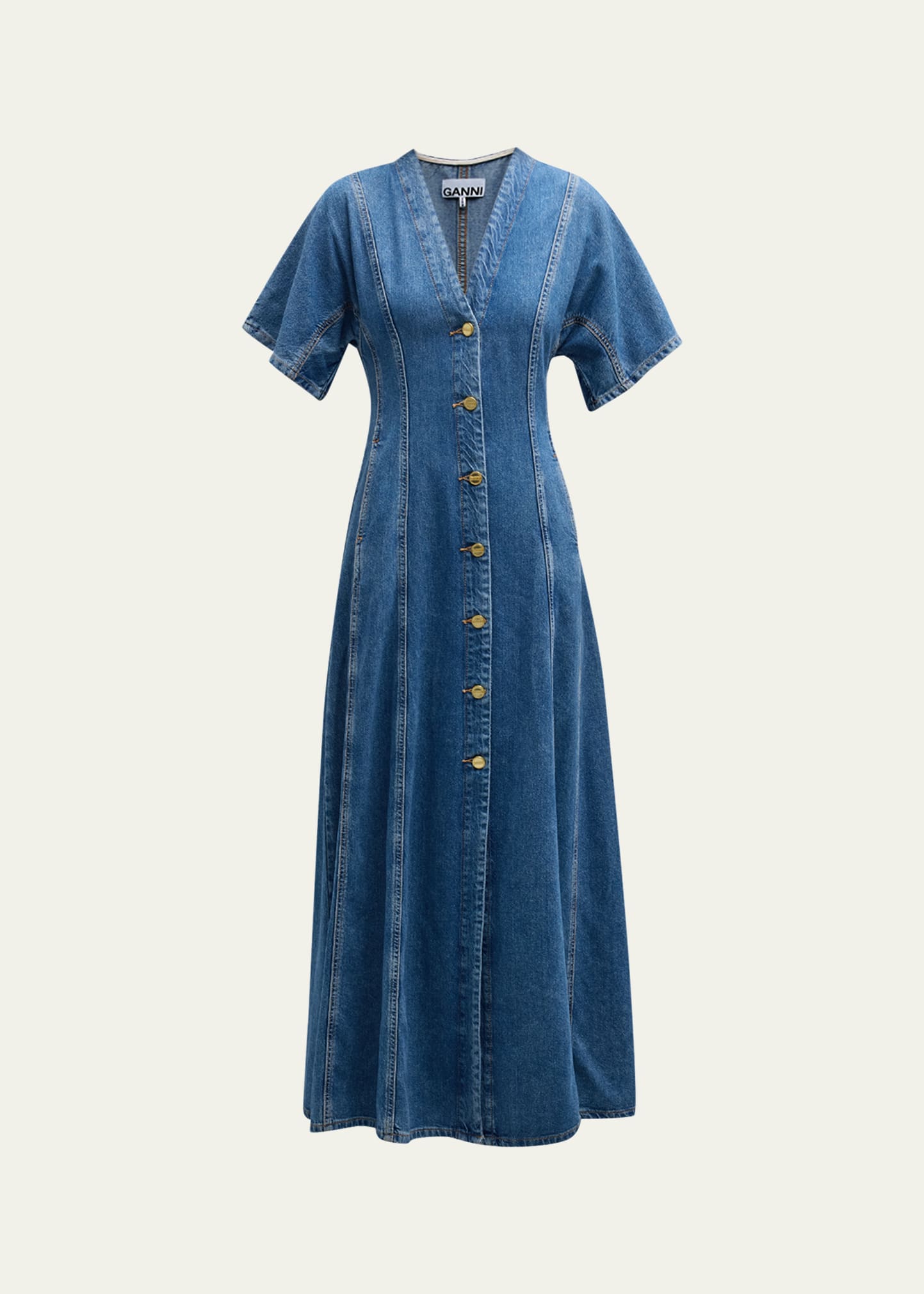 Shop Ganni Future Short-sleeve Denim Maxi Dress In Mid Blue Stone