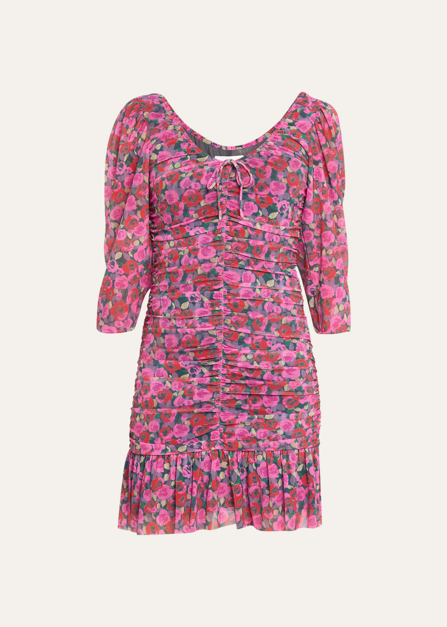 Ganni Minikleid Aus Stretch-satin Mit Floralem Print Und Raffungen In Fiji Flower