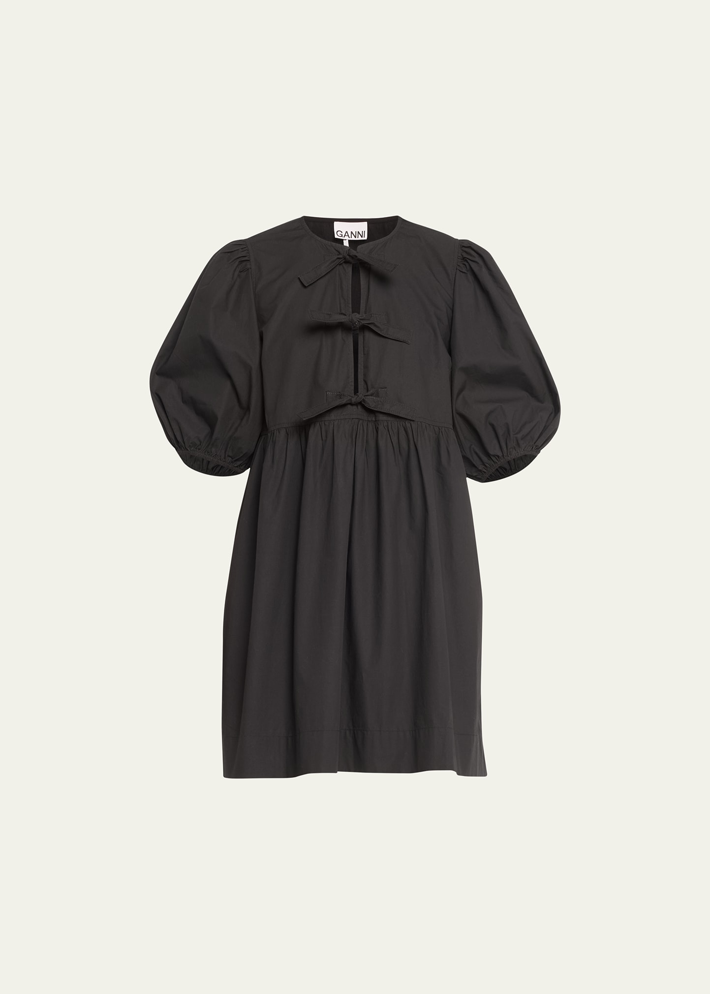 Ganni Tie-front Puff-sleeve Poplin Mini Dress In Black