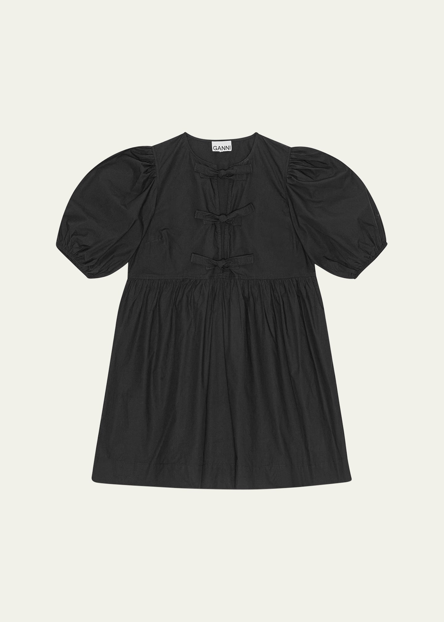 Shop Ganni Tie-front Puff-sleeve Poplin Mini Dress In Black