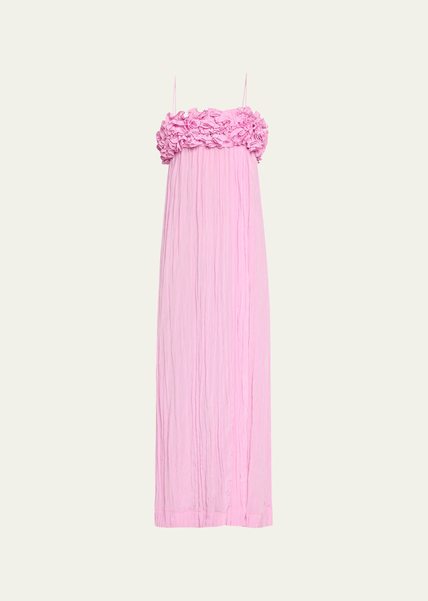 Ganni Shiny Spaghetti-strap Ruffle Maxi Dress In Lilac Sachet