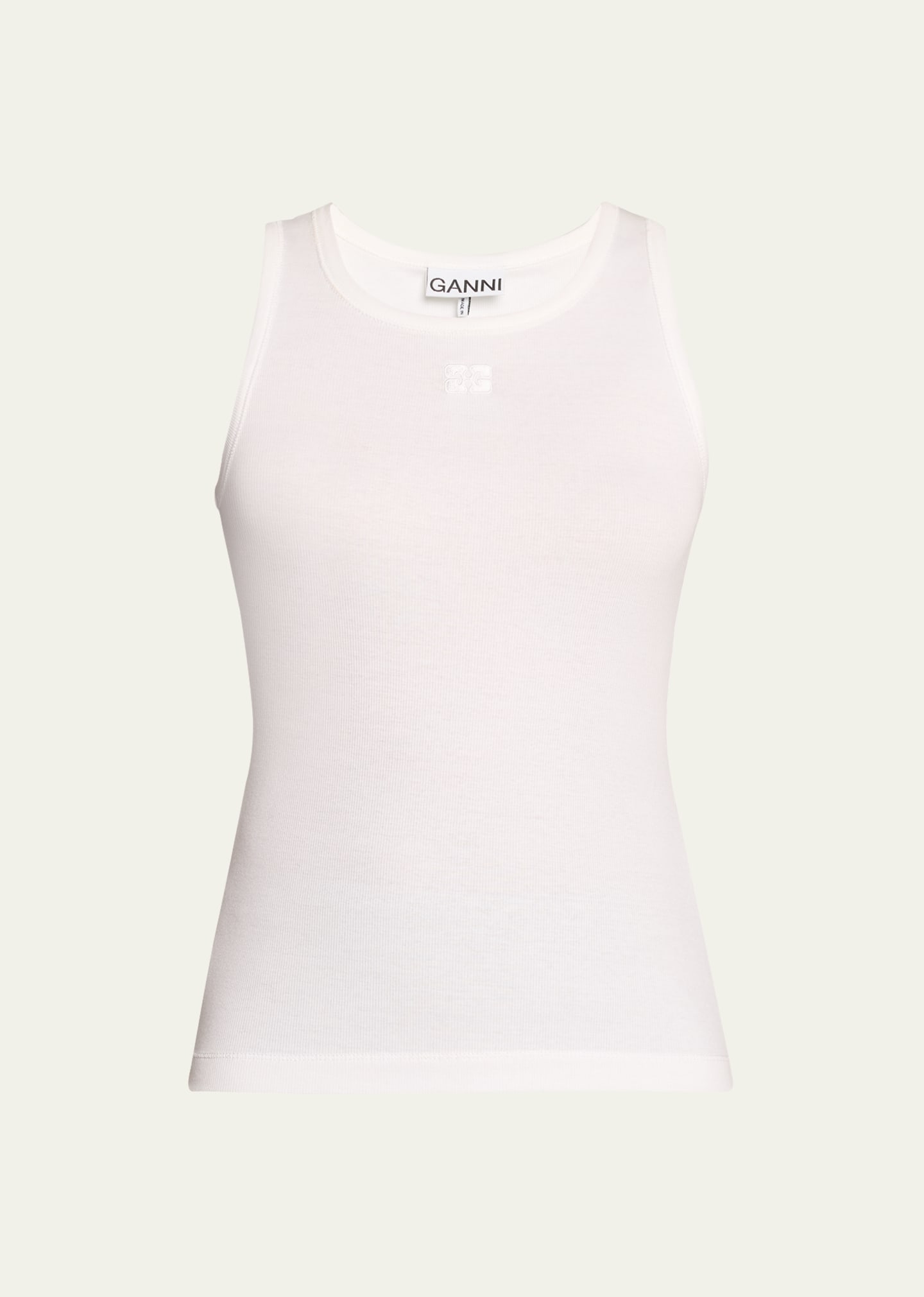 Ganni Rib-knit Logo Tank Top In Bright White