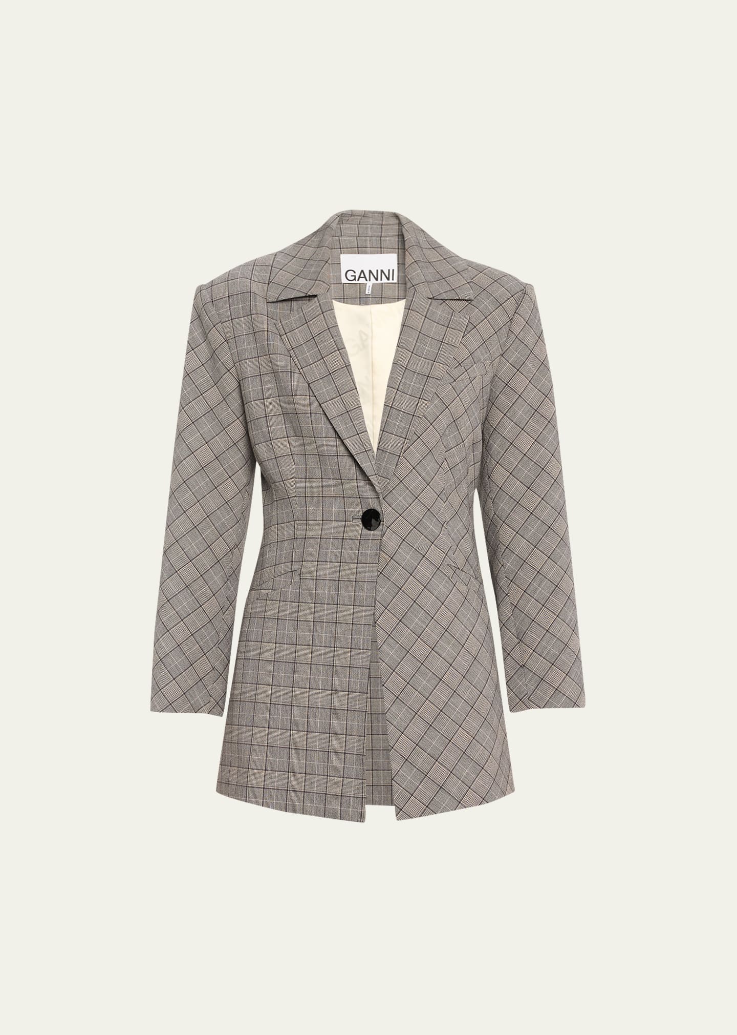 Shop Ganni Mixed-check Fitted Blazer In Frost Gray