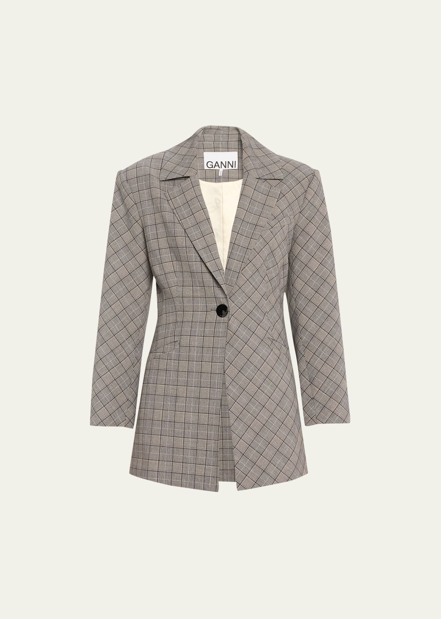 Ganni Check Mix Fitted Wool-blend Blazer In Frost Gray