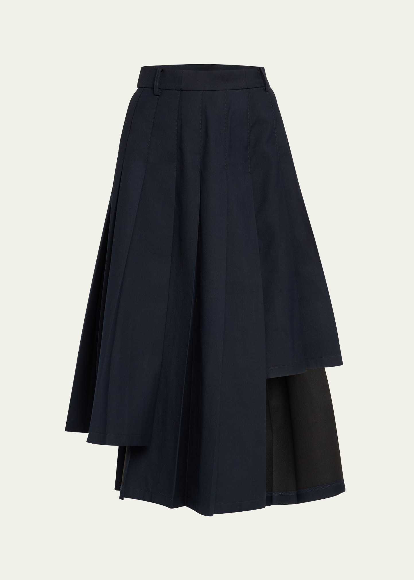 Rokh Box Pleat Asymmetric Midi Wool Skirt In Navy