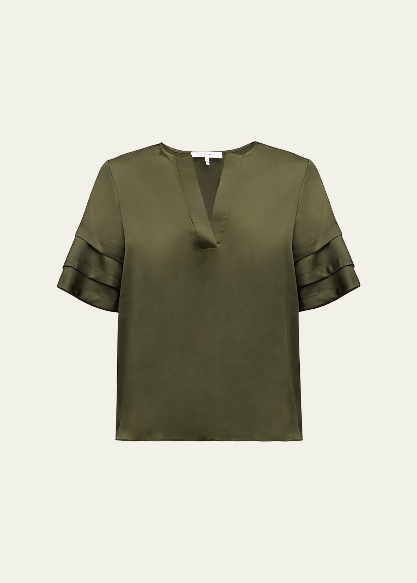 Frame Tiered Short-sleeve Satin Blouse In Willow Green