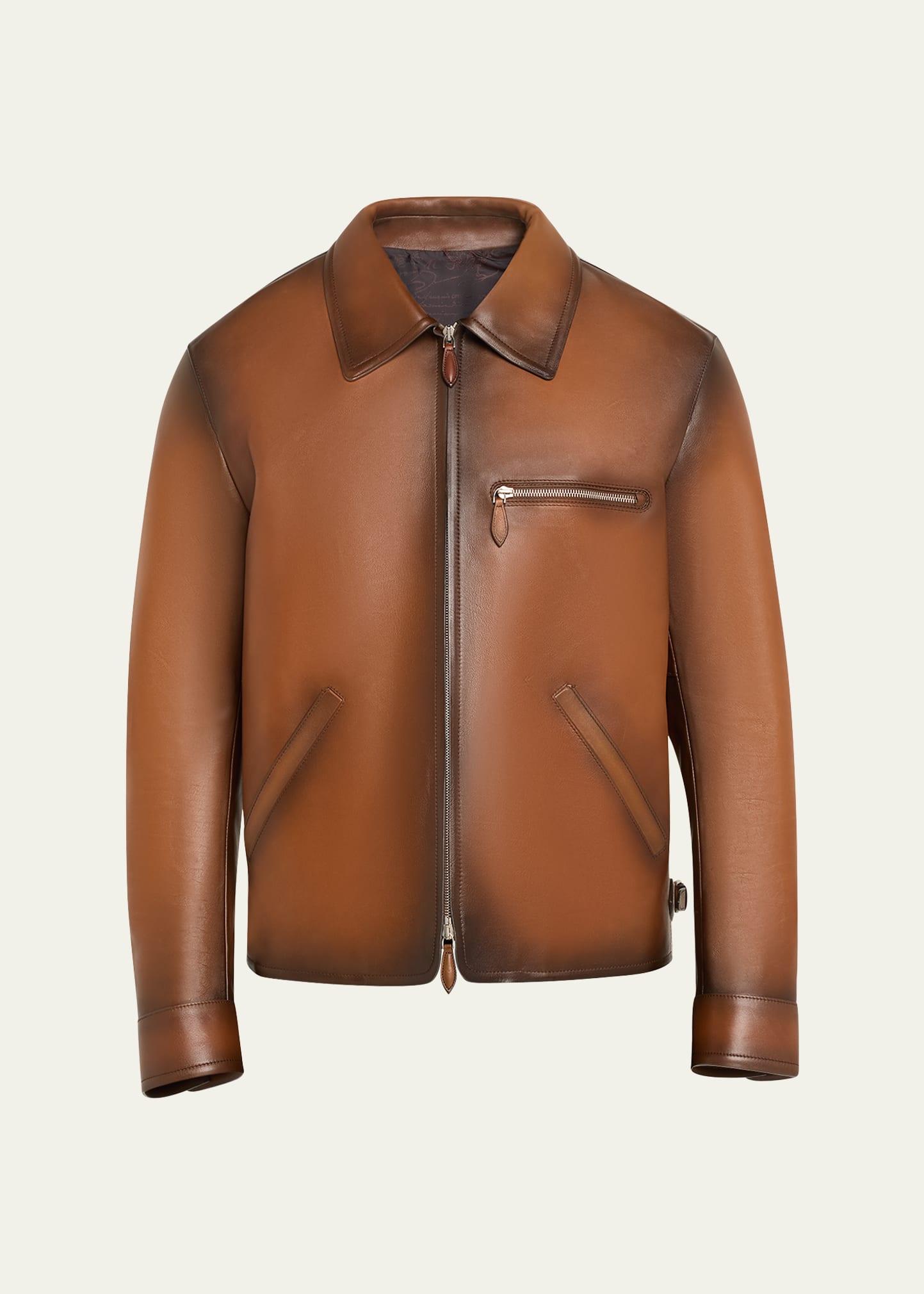 Shop Berluti Men's Jour Patina Leather Full-zip Blouson Jacket In Rust Brown