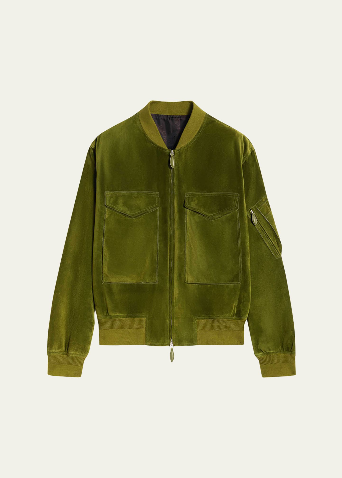 Berluti Men's Suede Full-zip Bomber Jacket In Green