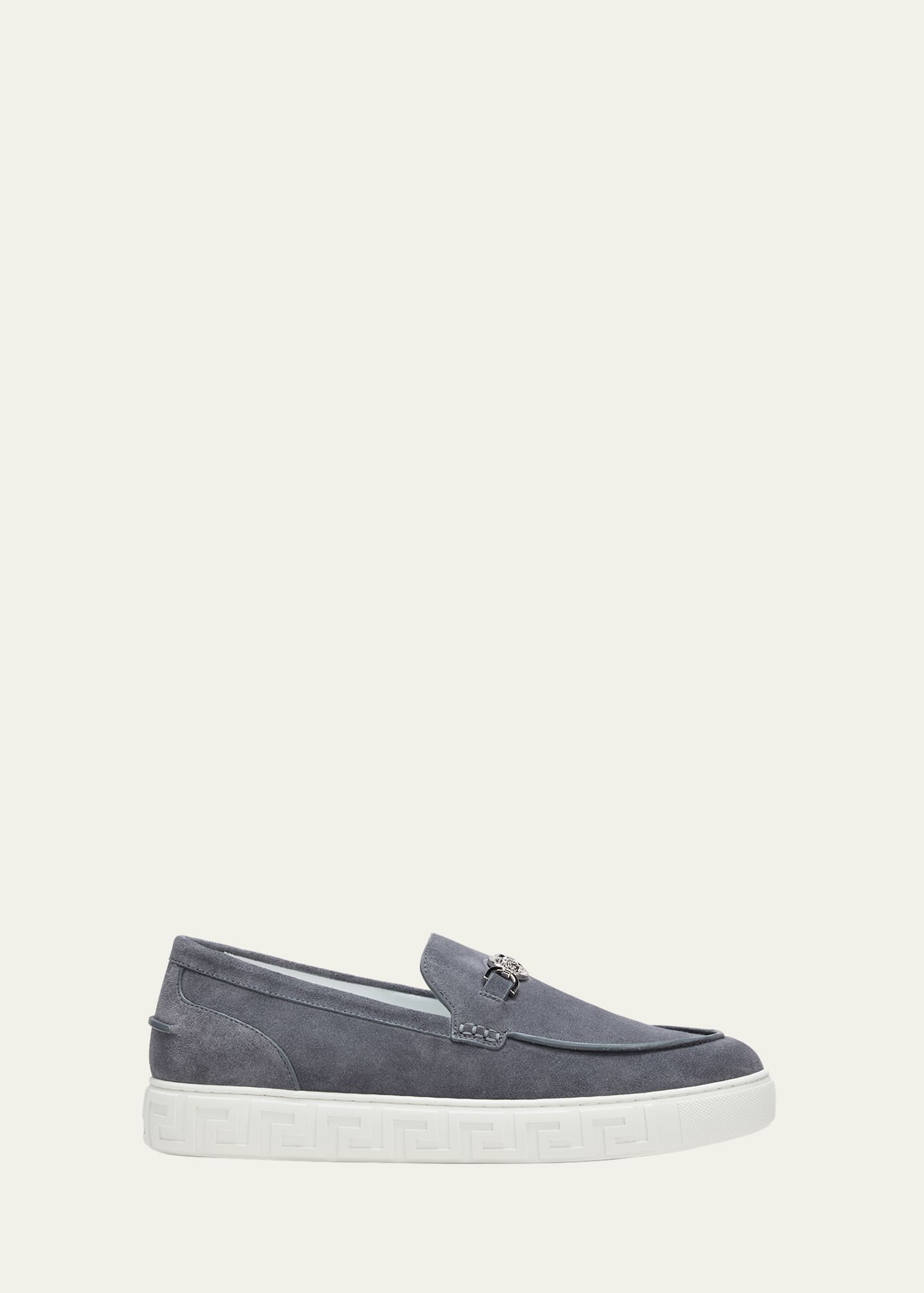 Versace Men's Medusa Coin Suede Hybrid Loafers In Grey
