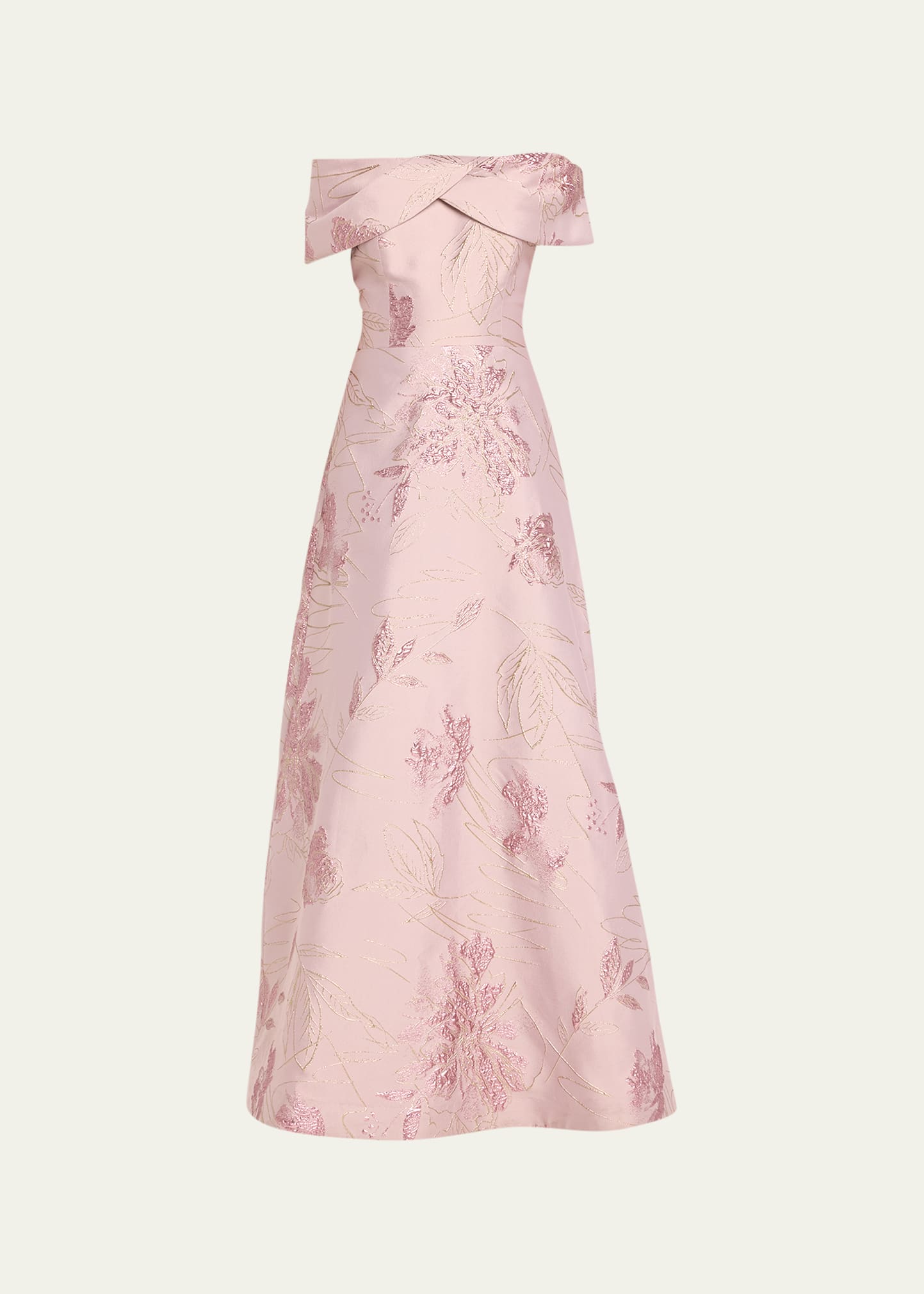 Rickie Freeman For Teri Jon Off-shoulder Metallic Floral Jacquard Gown In Mauve Multi