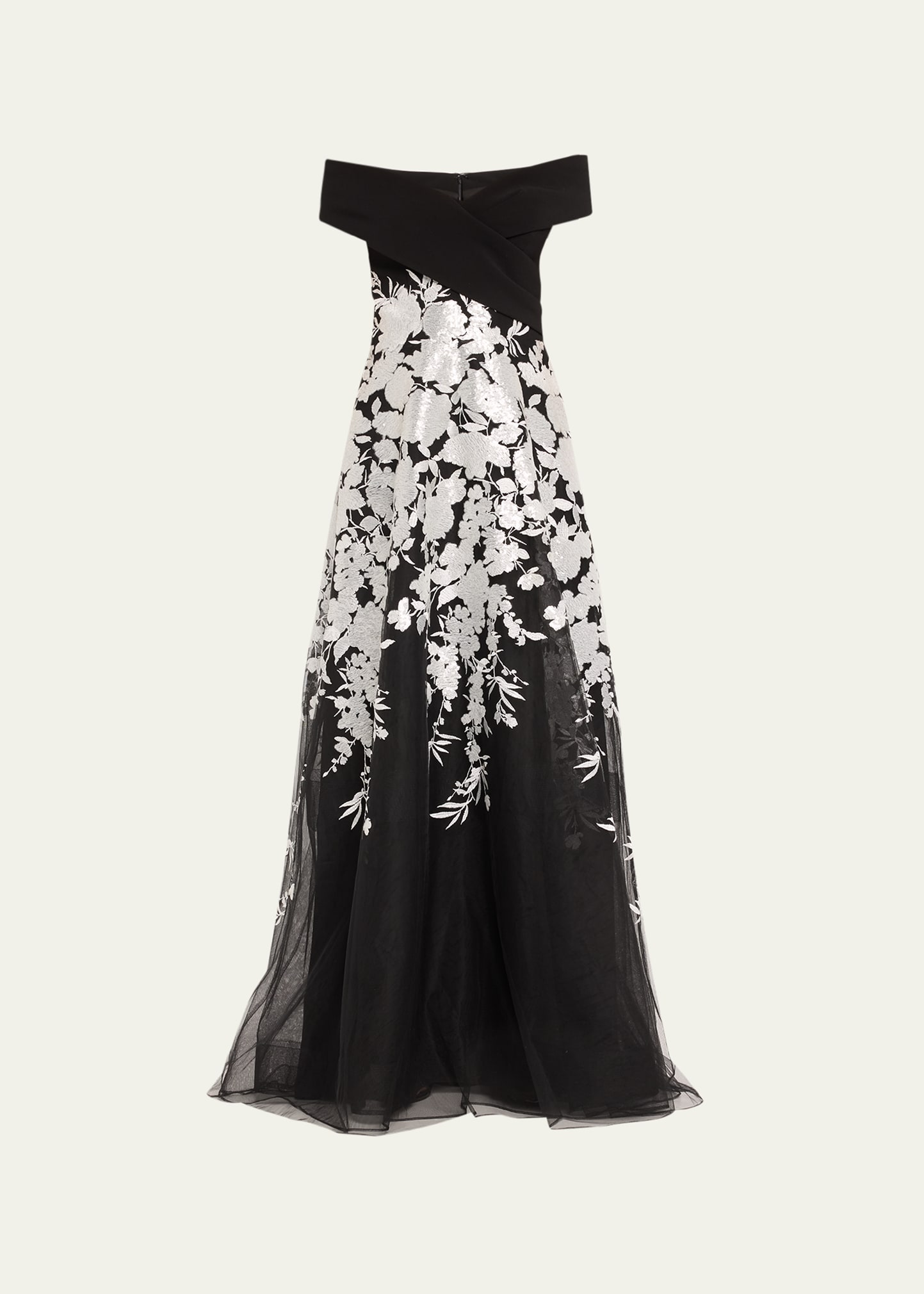 Shop Rickie Freeman For Teri Jon Off-shoulder Embroidered Crepe Gown In Black Silver