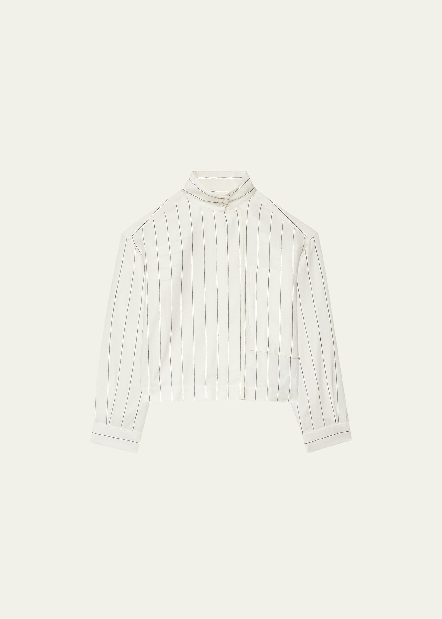 Another Tomorrow Stripe Stand-collar Crop Linen Shirt In Black/ Off White
